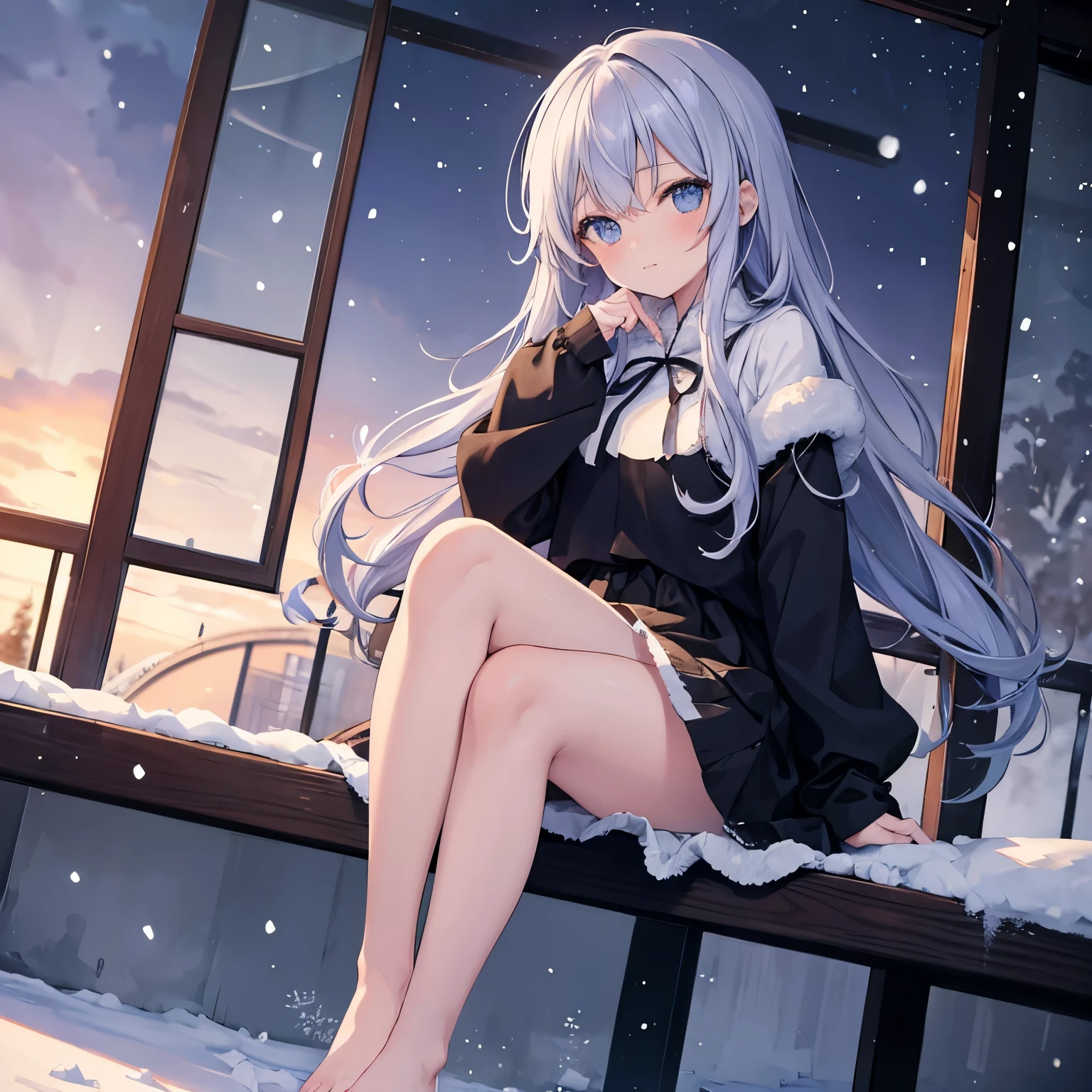 masterpiece, super detailed, high resolution, Anime girl sitting in, Moe sleeves, worn out shirt, long hair, curly hair, barefoot, winter, It's snowing in the background, dark night