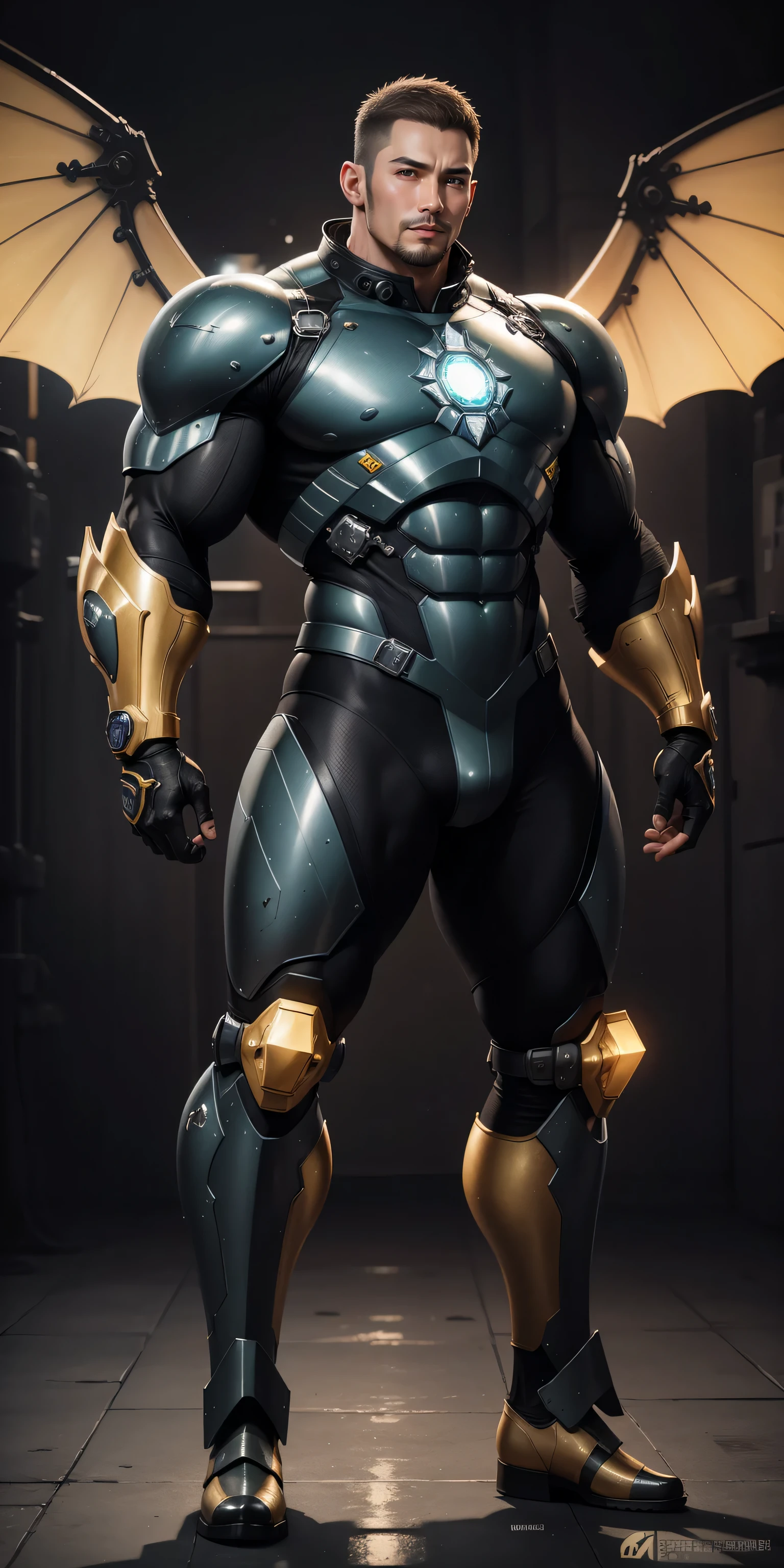 Tall giant muscular police officer,Yellow-gray honeycomb network pattern nano mecha,Colorful lighting effects,giant mechanical wings,character concept(Resident Evil - chris redfield,chris redfield)senior police officer,small grid texture,regular symmetrical texture pattern,sad expression,Deep and charming eyes,Emerald Eyes Hero,heroic male pose,高大burly,muscular!Charming leg muscles,High, burly, Heqiang, Super gain and cool, high resolution committee, Yellow gray ultra-thin nano mechanical boots for big feet,Charming strong man,The bright sunshine is shining on you,matte particles,shiny texture