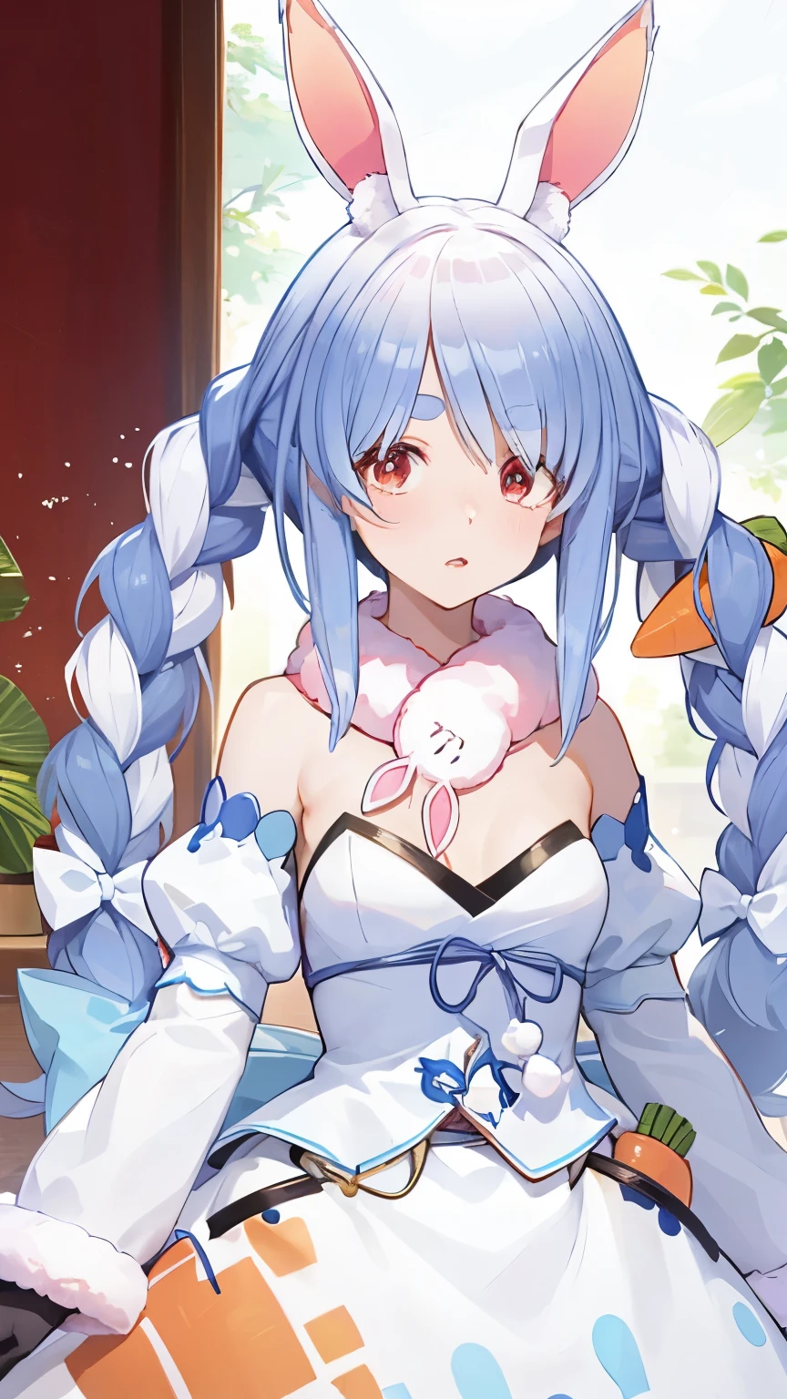 pekora usada, animal ears, blue hair, braid, carrot hair ornament, food-themed hair ornament, hair ornament, multicolored hair, (red eyes:1.5), rabbit ears, twin braids, twintails, two-tone hair, strapless, strapless dress, (white dress:1.5), black gloves, black pantyhose, bow, bridal garter, detached sleeves, dress, fur scarf, fur trim, fur-trimmed dress, fur-trimmed gloves, gloves, pantyhose, puffy detached sleeves, puffy sleeves, red bow, BREAK
cozy home, Japan, Wallpaper, ((4k UHD)), detailed