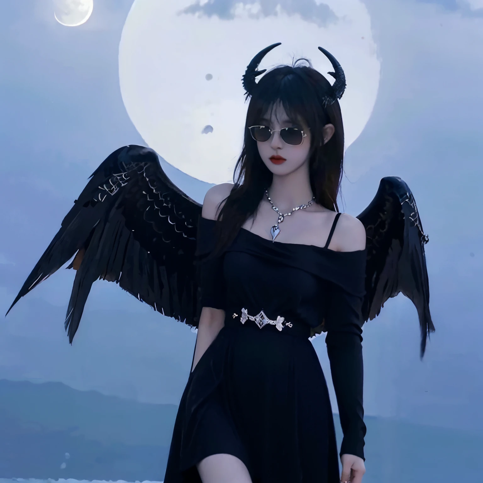 satanic necklace,choker, black suit, suit with tie, black veil, satanic earing,standing in the lake with moon in the sky, angel, wings, White wings, holy girl, horns, lucifer