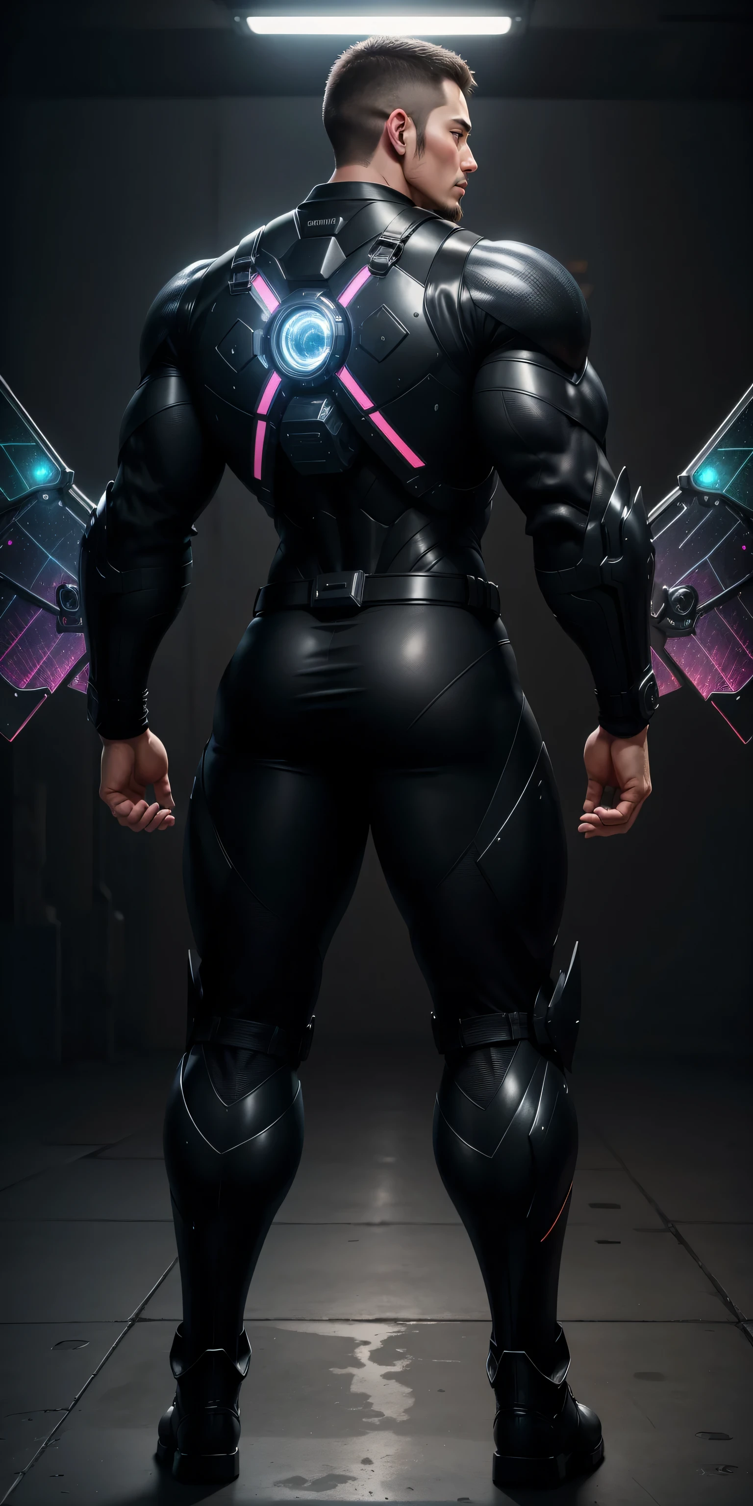 特别High背影, huge, and muscular police officer,Bright black mesh nano-mecha,Colorful light effects surround huge mechanical wings,round butt,Highlights,character concept(Resident Evil - chris redfield,chris redfield)senior police officer,small grid texture,regular symmetrical texture pattern,sad expression,Deep and charming eyes,Standing in bright mechanical laboratory,Emerald Eyes Hero,heroic male pose,高大burly,muscular!Charming leg muscles,High, burly, Heqiang, Super gain and cool, high resolution committee, Big feet in shiny black ultra-thin nanomechanical boots,Charming strong man,The bright sunshine is shining on you,matte particles,shiny texture
