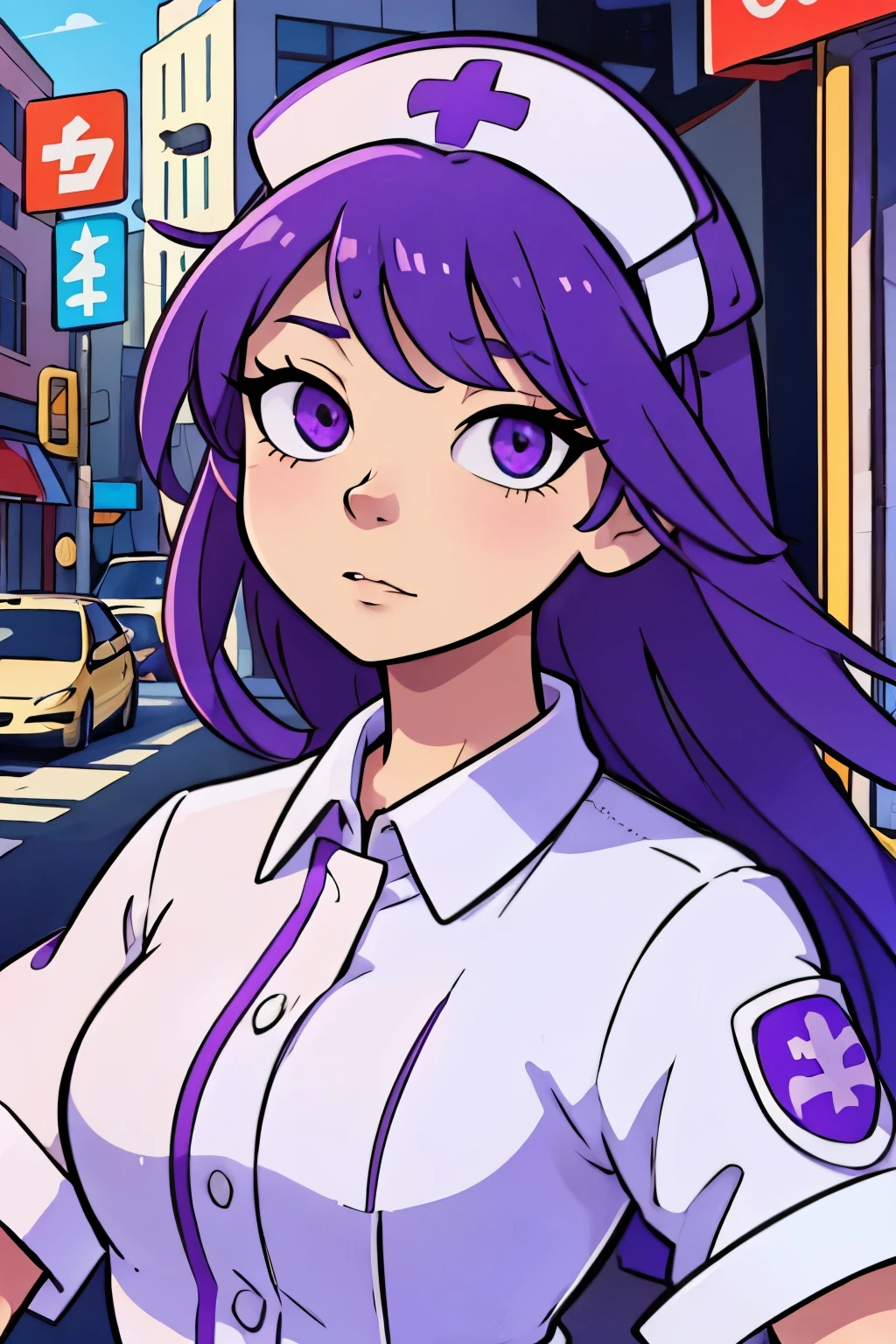 (top-quality:0.8)、(top-quality:0.8)、perfect anime illustration、Extreme close-up portrait of beautiful woman walking in city、Nurse、Peachy Hair、nurse's outfit、a purple eye