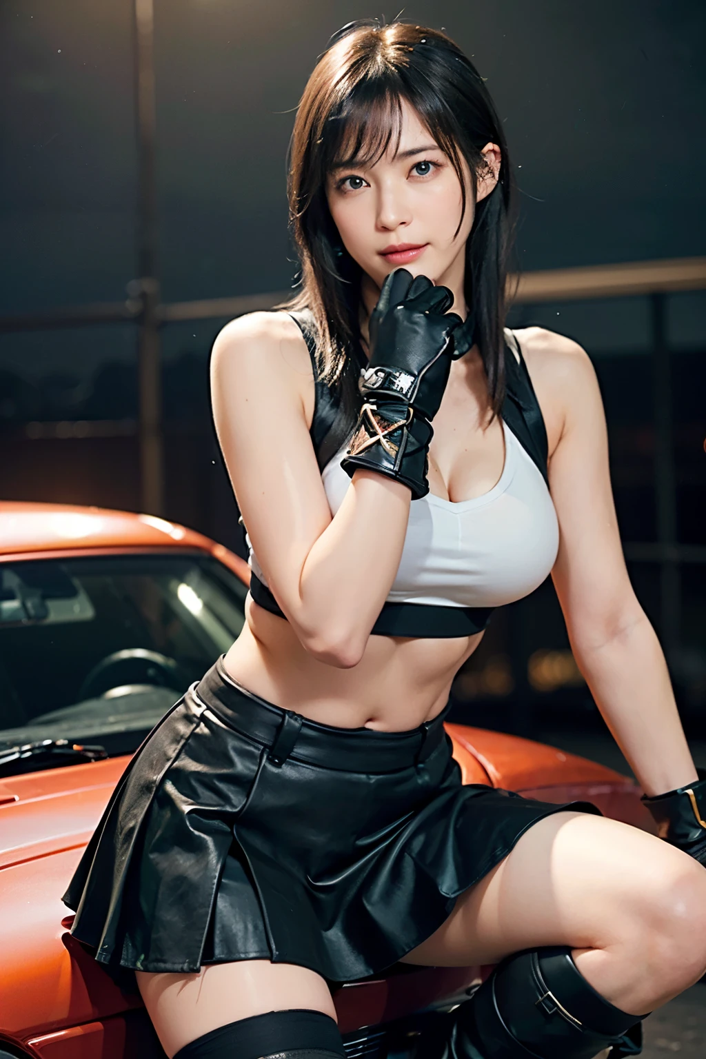 (8k, best quality, masterpiece:1.2), (realistic, photo-realistic:1.37), ultra-detailed, 1 girl,cute, solo, (tifa lockhart), (small breasts),(beautiful detailed eyes), (smile:1.2), (closed mouth), erotic pose, dancing, neon lights, cityscape, depth of field, dark intense shadows, sharp focus, cars, motion blur, motor bikes, depth of field, good composition, green glowing light, Final Fantasy VII, dating,(nose blush), single elbow pad, ankle boots, black hair, black skirt, black thighhighs, red boots, elbow gloves, elbow pads, fingerless gloves, taut shirt, sports bra, (suspender black skirt), thighhighs, white tank top, full body, head rest, lips, pretty face, low-tied long hair, ((red_eyes)), yellow flowers, (night:1.3), intricate, bokeh, cinematic lighting, photon mapping, radiosity, physically-based rendering, (Tetsuya Nomura style)