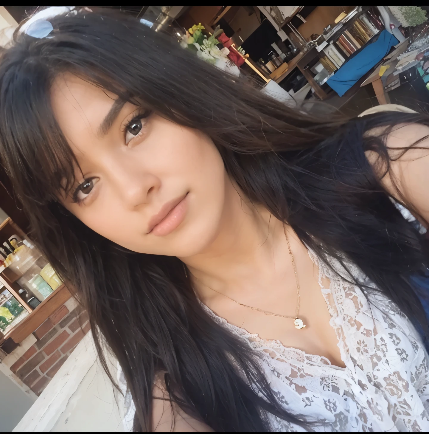 Mejor calidad, Obra maestra, chica, pelo oscuro, ojos oscuros, hogar, Sol brillando, piel brillante, llamarada del sol, destello solar