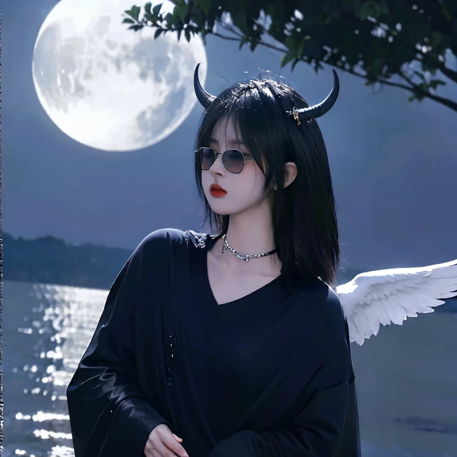 satanic necklace,choker, black suit, suit with tie, black veil, satanic earing,standing in the lake with moon in the sky, angel, wings, White wings, holy girl, horns, lucifer