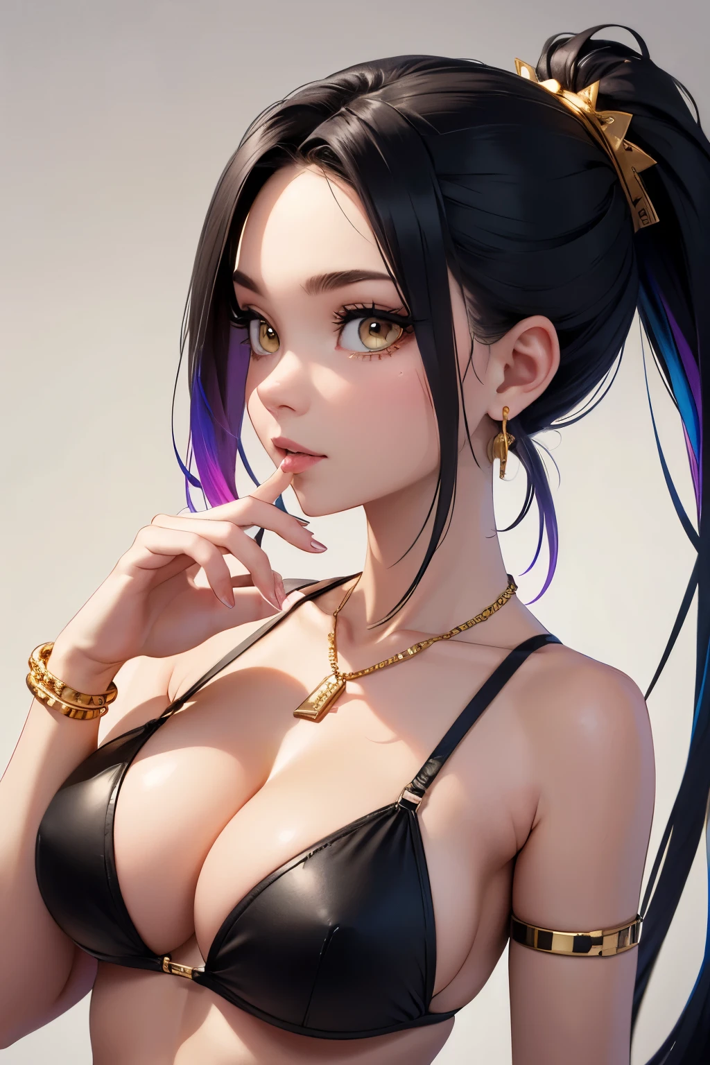 ((((masterpiece)))), high quality, very_high_resolution, large_filesize, full color, bikini, gold eyes, black hair, rainbow hair, silver bracelet, Cuban link necklace, cute, adorable, beautiful, high contrast, colorful, 5 fingers, slim body, jewelry, long hair, pony tail, hoop gold earrings, confident