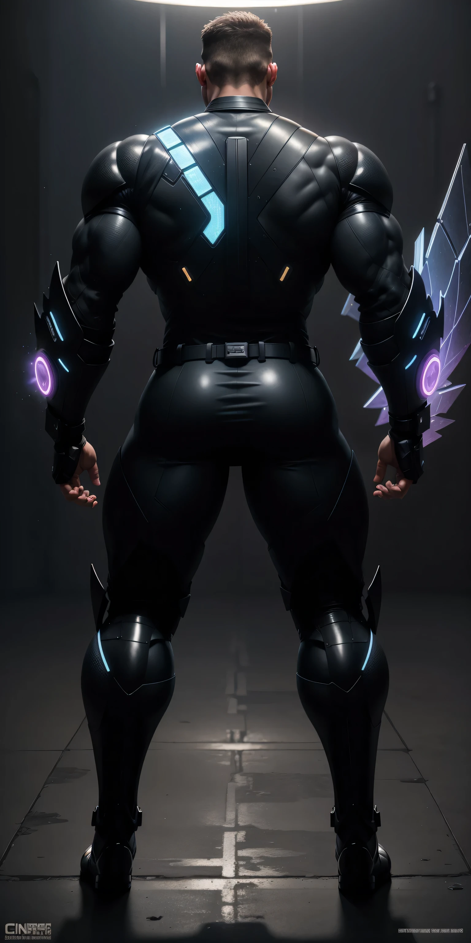 特别High背影, huge, and muscular police officer,Bright black mesh nano-mecha,The back is opened with colorful light effects surrounding huge mechanical wings.,round butt,Highlights,character concept(Resident Evil - chris redfield,chris redfield)senior police officer,small grid texture,regular symmetrical texture pattern,sad expression,Deep and charming eyes,Standing in bright mechanical laboratory,Emerald Eyes Hero,heroic male pose,高大burly,muscular!Charming leg muscles,High, burly, Heqiang, Super gain and cool, high resolution committee, Big feet in shiny black ultra-thin nanomechanical boots,Charming strong man,The bright sunshine is shining on you,matte particles,shiny texture