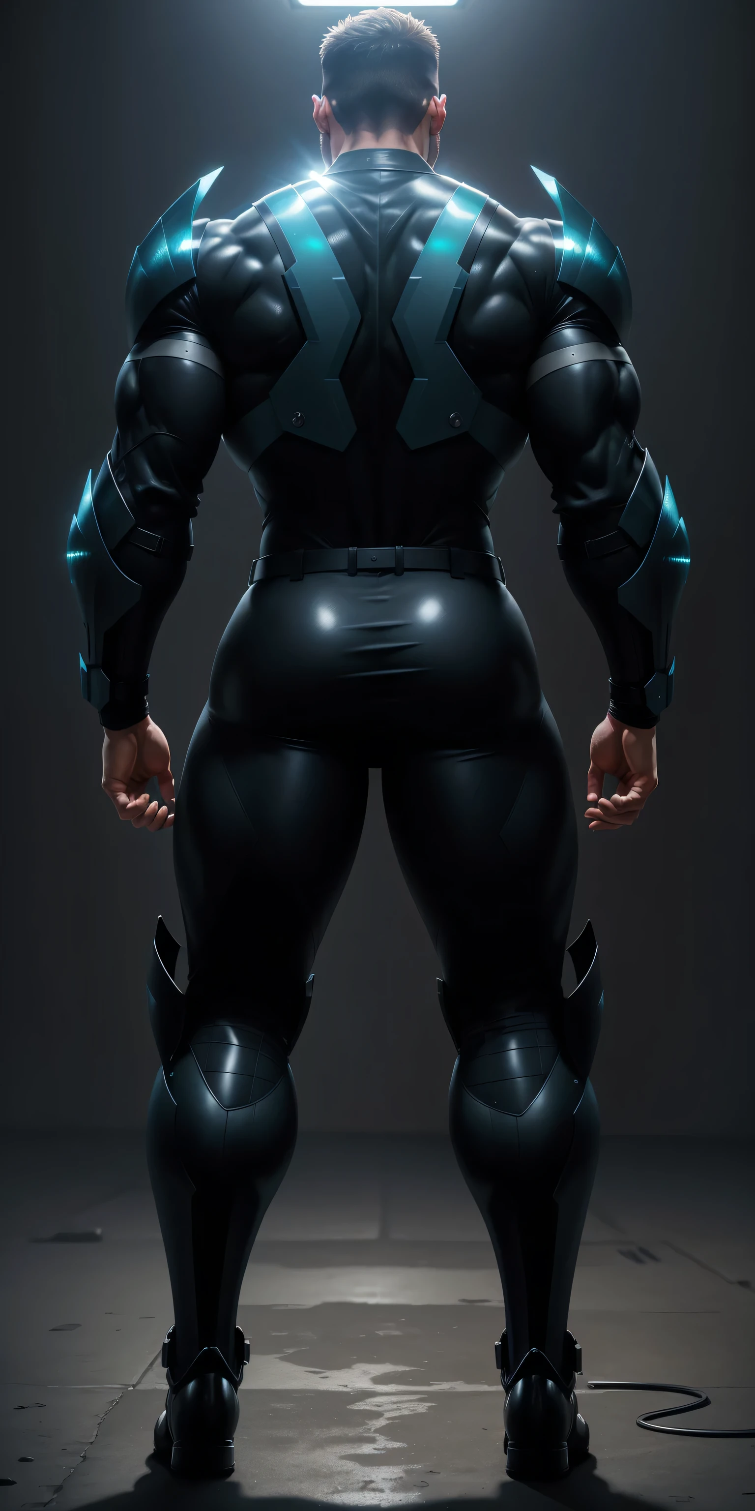 特别High背影, huge, and muscular police officer，Bright black mesh nano-mecha，The back is opened with colorful light effects surrounding huge mechanical wings.，round butt，Highlights，character concept（Resident Evil - chris redfield，chris redfield）senior police officer，small grid texture，regular symmetrical texture pattern，sad expression，Deep and charming eyes，Standing in bright mechanical laboratory，Emerald Eyes Hero，heroic male pose，高大burly，muscular！Charming leg muscles，High, burly, Heqiang，  Super gain and cool， high resolution committee， Big feet in shiny black ultra-thin nanomechanical boots，Charming strong man，The bright sunshine is shining on you，matte particles，shiny texture