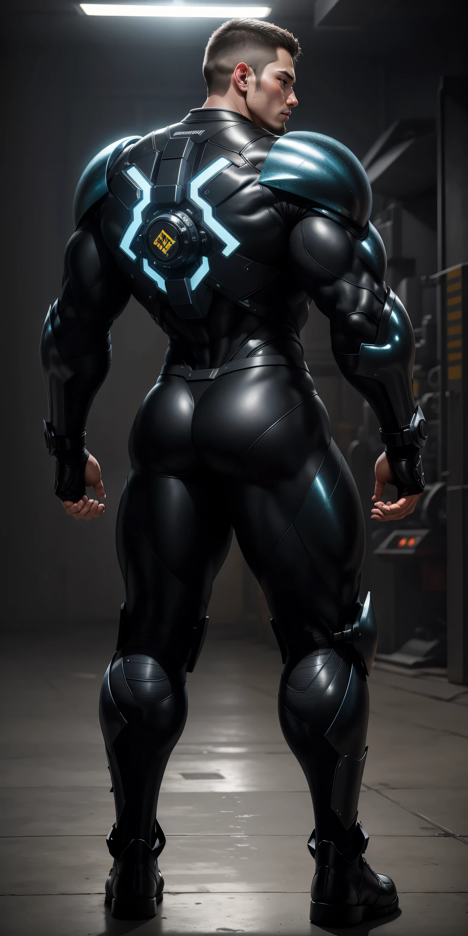 特别High背影, huge, and muscular police officer，Bright black mesh nano-mecha，The back is opened with colorful light effects surrounding huge mechanical wings.，round butt，Highlights，character concept（Resident Evil - chris redfield，chris redfield）senior police officer，small grid texture，regular symmetrical texture pattern，sad expression，Deep and charming eyes，Standing in bright mechanical laboratory，Emerald Eyes Hero，heroic male pose，高大burly，muscular！Charming leg muscles，High, burly, Heqiang，  Super gain and cool， high resolution committee， Big feet in shiny black ultra-thin nanomechanical boots，Charming strong man，The bright sunshine is shining on you，matte particles，shiny texture