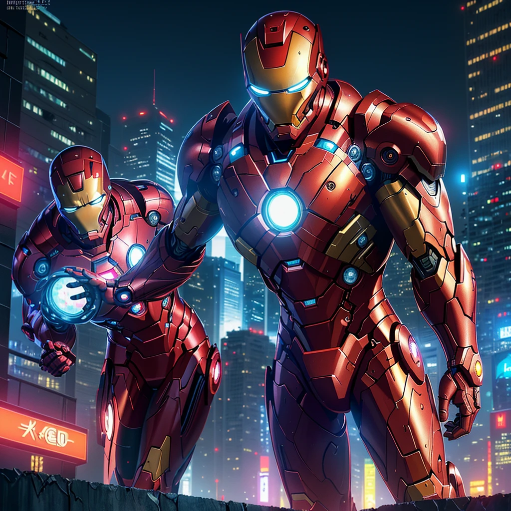(best quality,4k,8k,highres,masterpiece:1.2),ultra-detailed,(realistic,photorealistic,photo-realistic:1.37),Iron Man in ninja themed armor,ninja graffiti wall,cyber punk,energetic atmosphere,vivid colors,sharp focus,strong highlights,detailed textures,forceful posture,aggressive stance,bright city lights,neon signs,urban environment,advanced technology effects,strong shadows,contrasting color scheme,sleek design,secretive and mysterious,nighttime scene,action-packed,heroic presence,high-tech gadgets,explosive background,futuristic cityscape,glowing eyes and chestpiece,fierce expression,endless energy,illuminated urban skyline,intense battle mode,dynamic composition,revealing Iron Man's power and strength,impressive suit details