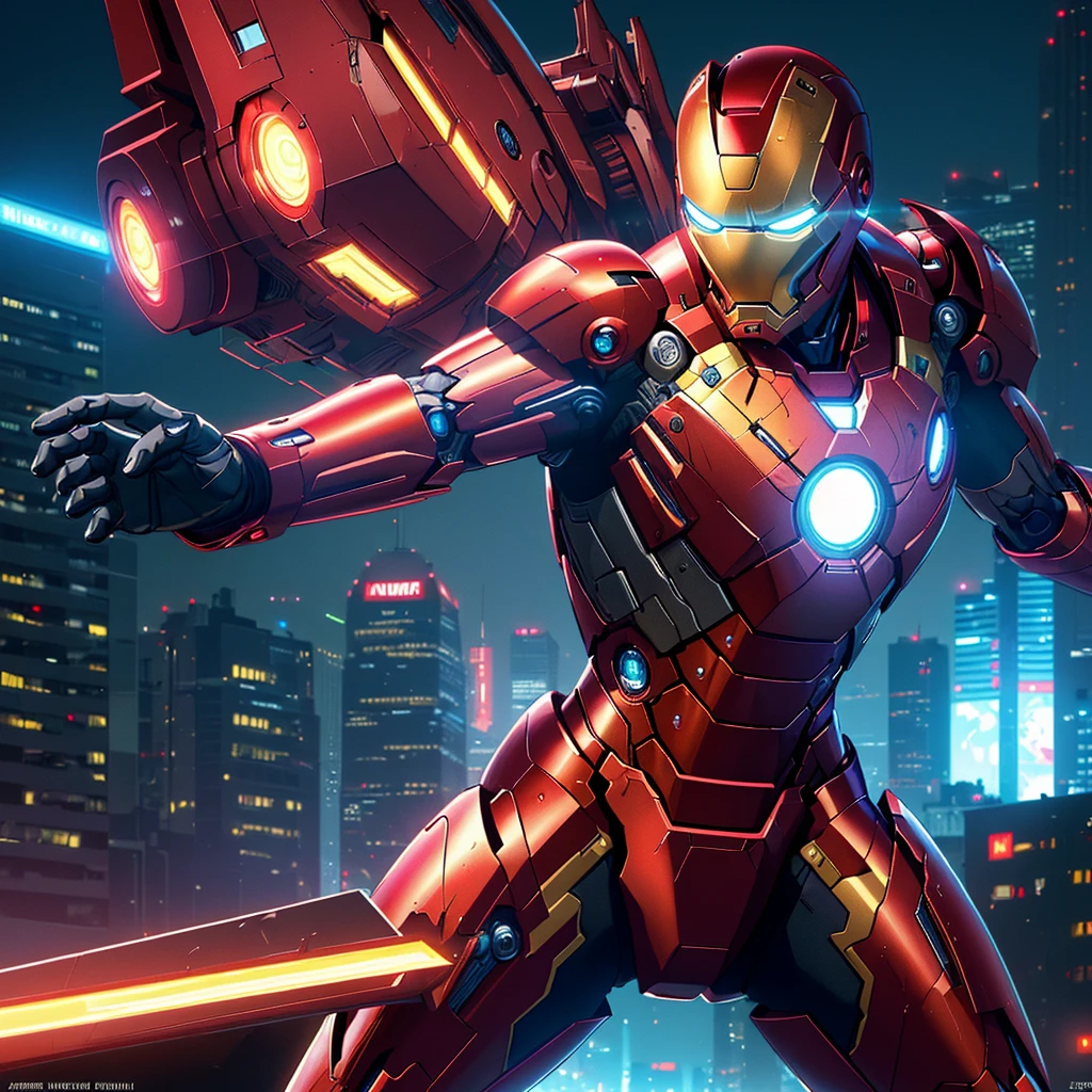 (best quality,4k,8k,highres,masterpiece:1.2),ultra-detailed,(realistic,photorealistic,photo-realistic:1.37),Iron Man in ninja themed armor,ninja graffiti wall,cyber punk,energetic atmosphere,vivid colors,sharp focus,strong highlights,detailed textures,forceful posture,aggressive stance,bright city lights,neon signs,urban environment,advanced technology effects,strong shadows,contrasting color scheme,sleek design,secretive and mysterious,nighttime scene,action-packed,heroic presence,high-tech gadgets,explosive background,futuristic cityscape,glowing eyes and chestpiece,fierce expression,endless energy,illuminated urban skyline,intense battle mode,dynamic composition,revealing Iron Man's power and strength,impressive suit details
