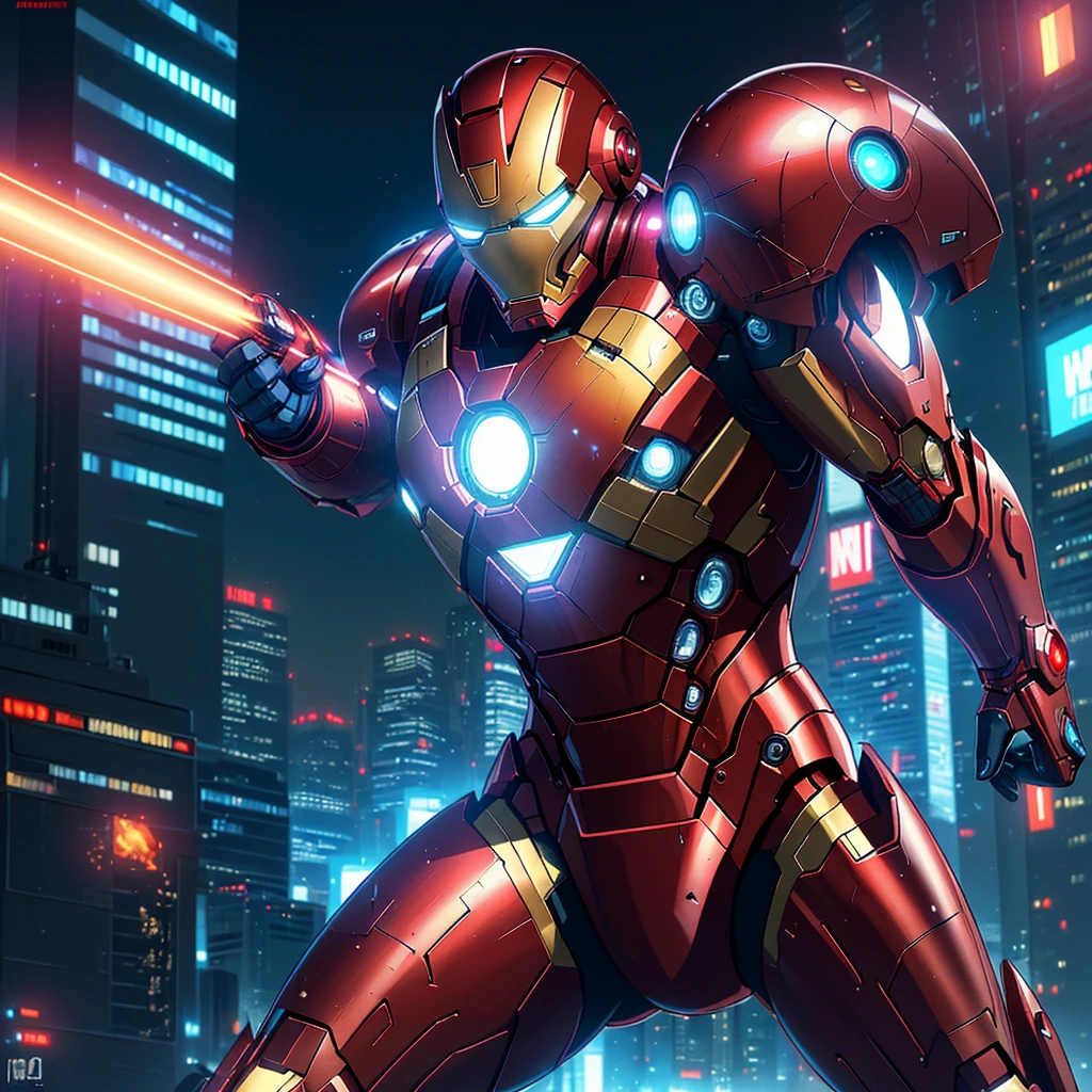 (best quality,4k,8k,highres,masterpiece:1.2),ultra-detailed,(realistic,photorealistic,photo-realistic:1.37),Iron Man in ninja themed armor,ninja graffiti wall,cyber punk,energetic atmosphere,vivid colors,sharp focus,strong highlights,detailed textures,forceful posture,aggressive stance,bright city lights,neon signs,urban environment,advanced technology effects,strong shadows,contrasting color scheme,sleek design,secretive and mysterious,nighttime scene,action-packed,heroic presence,high-tech gadgets,explosive background,futuristic cityscape,glowing eyes and chestpiece,fierce expression,endless energy,illuminated urban skyline,intense battle mode,dynamic composition,revealing Iron Man's power and strength,impressive suit details