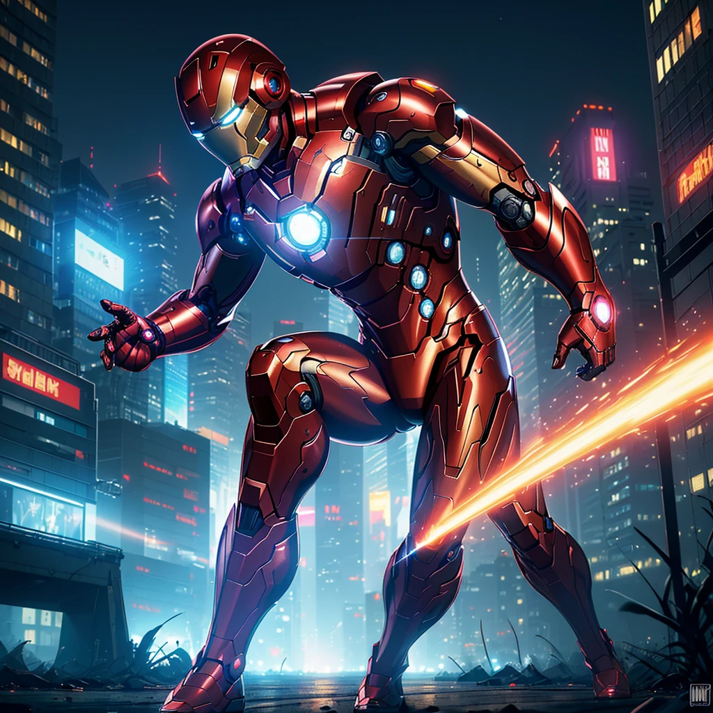 (best quality,4k,8k,highres,masterpiece:1.2),ultra-detailed,(realistic,photorealistic,photo-realistic:1.37),Iron Man in ninja themed armor,ninja graffiti wall,cyber punk,energetic atmosphere,vivid colors,sharp focus,strong highlights,detailed textures,forceful posture,aggressive stance,bright city lights,neon signs,urban environment,advanced technology effects,strong shadows,contrasting color scheme,sleek design,secretive and mysterious,nighttime scene,action-packed,heroic presence,high-tech gadgets,explosive background,futuristic cityscape,glowing eyes and chestpiece,fierce expression,endless energy,illuminated urban skyline,intense battle mode,dynamic composition,revealing Iron Man's power and strength,impressive suit details