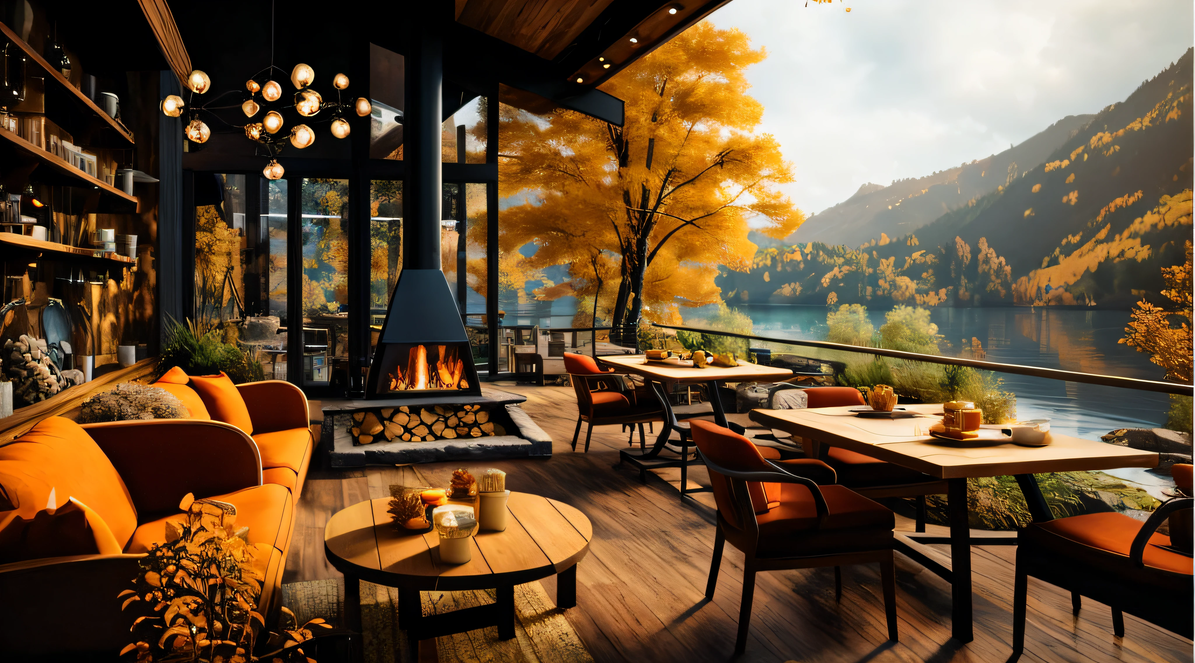hills and snowy lake,arafed view of a restaurant with a fireplace and a lake, cozy cafe background, rendered in lumion pro, highly realistic unreal engine, during autumn, rendered in lumion, unreal engine realistic render, warm interior, relaxing environment, cozy place, beautiful environment, rendered in enscape, cozy setting, very realistic render, cozy and peaceful atmosphere