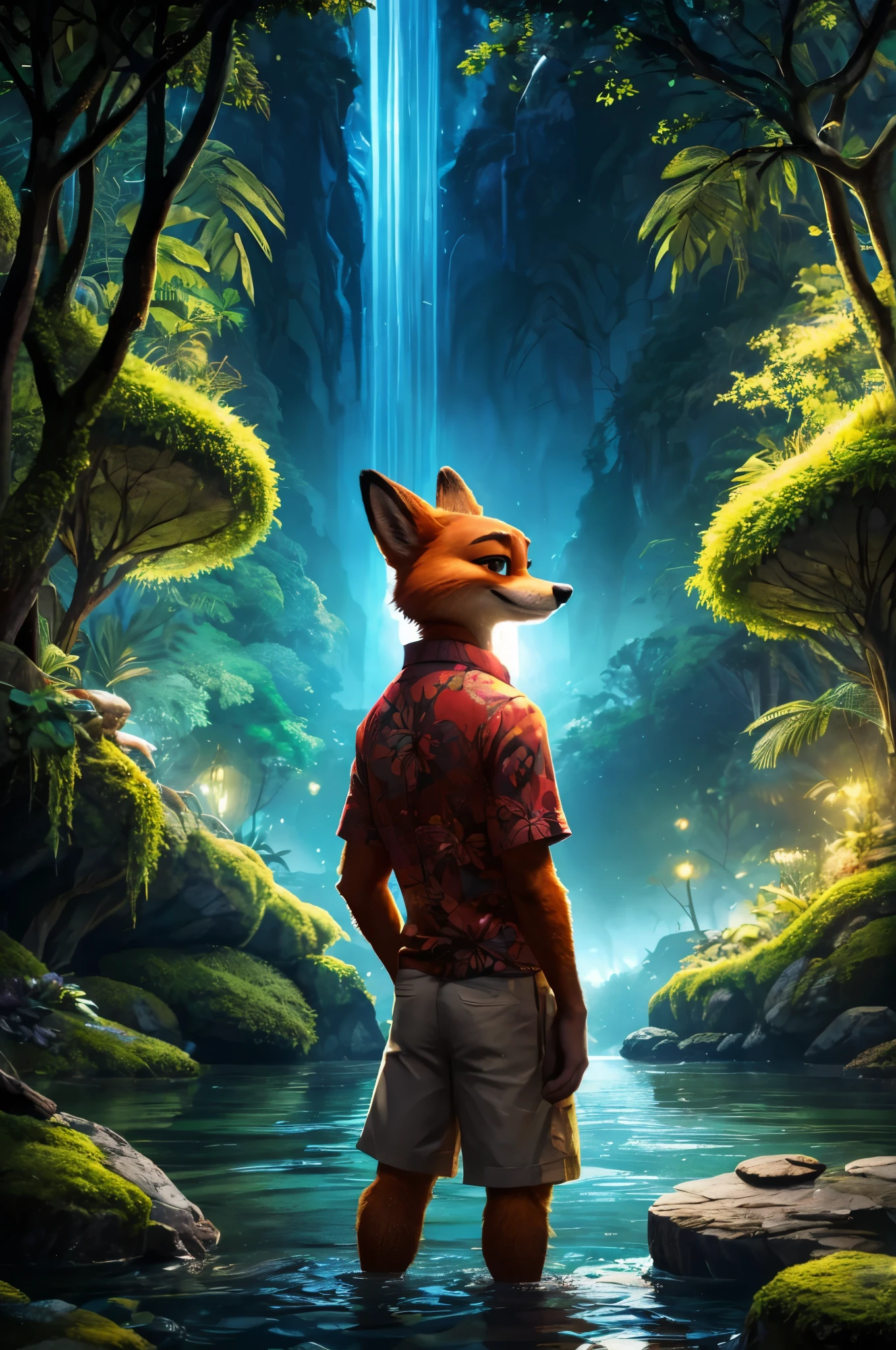 Utilizing a consistent art style and inspired by Wildering's aesthetics, create a compelling artwork featuring Nick Wilde from "Zootopia." He is depicted alone, wearing a vibrant yellow Hawaiian floral shirt paired with light-colored shorts. The portrait should showcase him standing upright with a three-quarter view, looking directly at the viewer with a slight tilt (1.25) to add depth and engagement. Transitioning to the next section, the scene unfolds amidst a lush jungle backdrop, with a serene river flowing nearby. Encompassing elements like moss-covered stones and glowing fireflies against the night sky, infuse the environment with a captivating luminescence. Employing detailed background design, depth of field, ambient silhouette, and backlighting techniques, ensure a richly immersive atmosphere that complements the character's presence. The artwork should be rendered at the highest quality, available in both 4K and 2K resolutions, with intricate detailing emphasized (0.9) and an additional touch of realism (1.25). Deliver the final piece with an absurd resolution, achieving an unparalleled level of clarity and precision that enhances the overall viewing experience.
