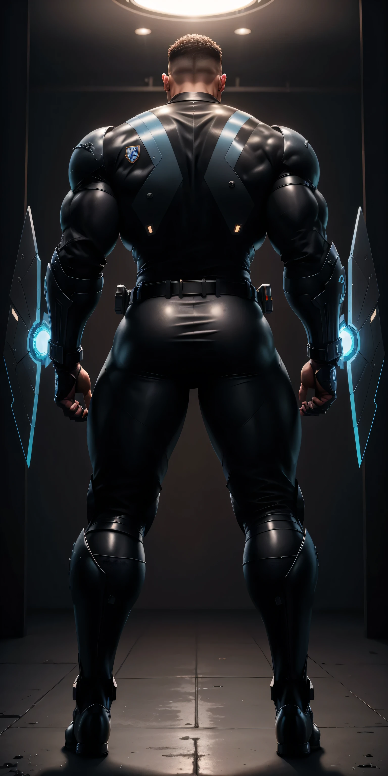 特别High背影, huge, and muscular police officer，Bright black mesh nano-mecha，The back is opened with colorful light effects surrounding huge mechanical wings.，round butt，Highlights，character concept（Resident Evil - chris redfield，chris redfield）senior police officer，small grid texture，regular symmetrical texture pattern，sad expression，Deep and charming eyes，Standing in bright mechanical laboratory，Emerald Eyes Hero，heroic male pose，高大burly，muscular！Charming leg muscles，High, burly, Heqiang，  Super gain and cool， high resolution committee， Big feet in shiny black ultra-thin nanomechanical boots，Charming strong man，The bright sunshine is shining on you，matte particles，shiny texture