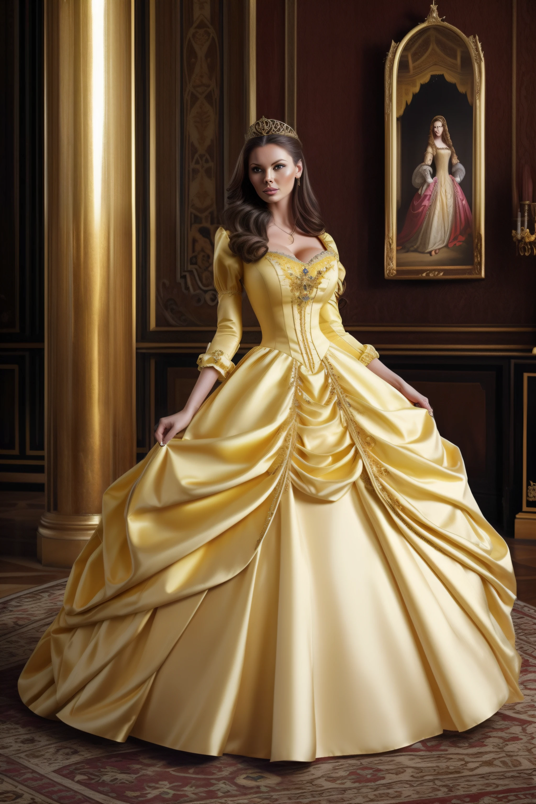 Модель Realistic Vision V5.1 girl with a Jessica-Jane Clement face dressed in a yellow princess dress , stands in full growth , Her shoes are visible .beautiful detailed yellow Renaissance dress .