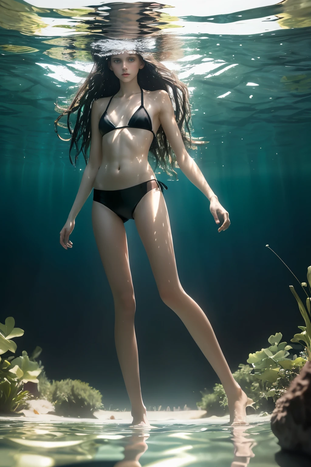 masterpiece, best quality, hyperrealistic, cinematic photo, 14 year old girl, pale skin, American amazing slim body, ((cute black bikini)), bare foot, long brown wet hair, wet hair, perfect slender legs, wide hips, perfect hands, beautiful face, perfect face, youthful, (blured background), modern style, from below, (low-angle shoot), low_angle_human, towering, (full body shot), standing, her feets are underwater, underneath shot, under the water shot, (view viewer), looking at viewer,(8k, epic composition, photorealistic, sharp focus), detailed background, a pond in the middle of the jungle, DSLR, foil grain, backlight