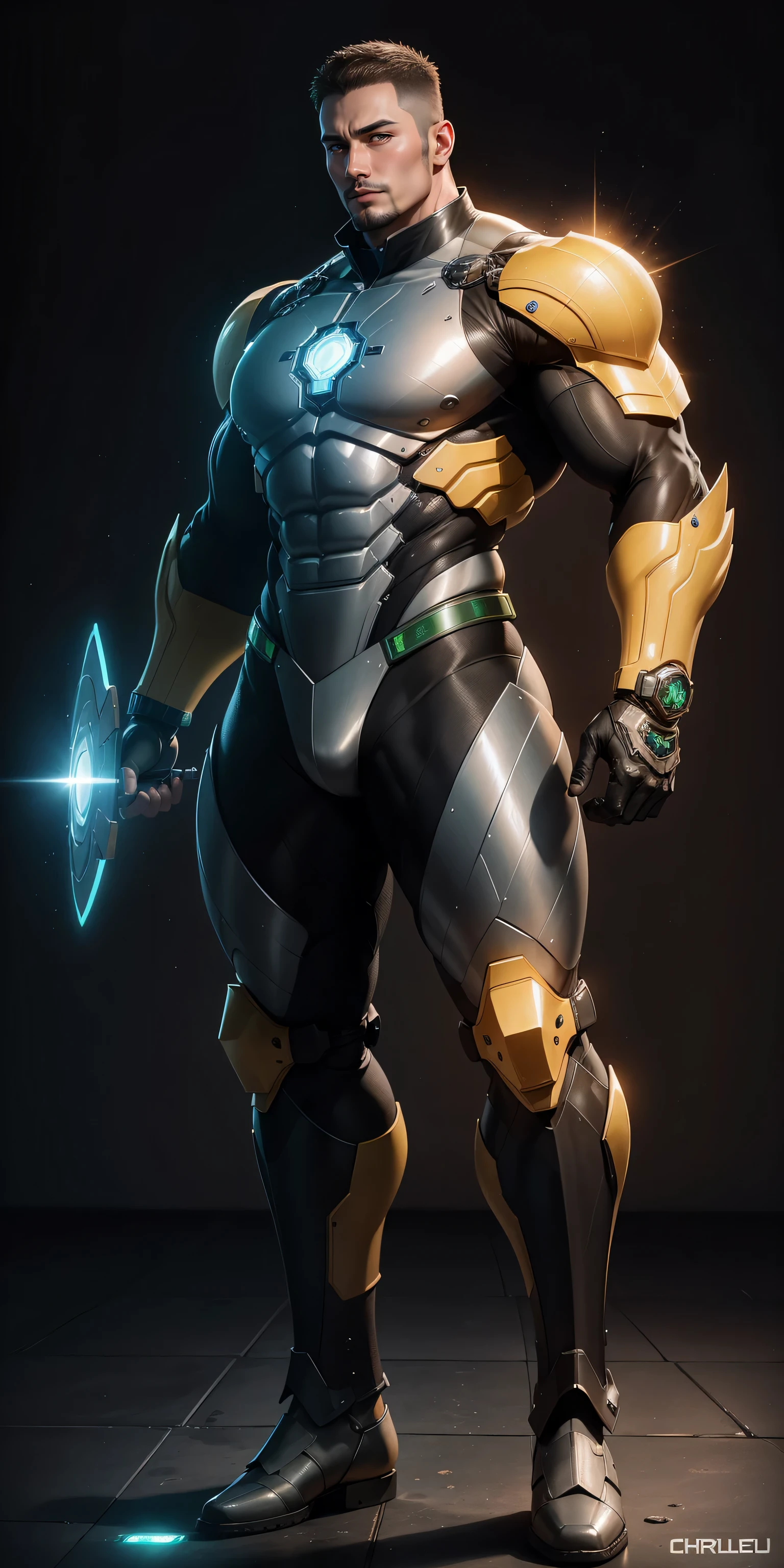 Tall giant muscular police officer,Yellow-gray honeycomb network pattern nano mecha,Huge mechanical wings spread out from behind,Brilliant and colorful light effects,character concept(Resident Evil - chris redfield,chris redfield)senior police officer,small grid texture,regular symmetrical texture pattern,sad expression,Deep and charming eyes,Emerald Eyes Hero,heroic male pose,高大burly,muscular!Charming leg muscles,High, burly, Heqiang, Super gain and cool, high resolution committee, Yellow gray ultra-thin nano mechanical boots for big feet,Charming strong man,The bright sunshine is shining on you,matte particles,shiny texture