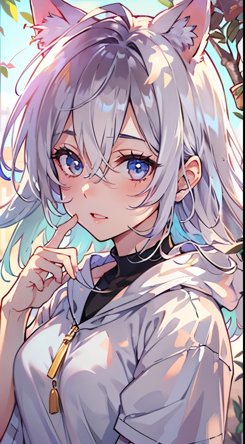raw photo of,realistic,highest quality,masterpiece，,shape,very detailed,CG,unite,8k wallpaper,wonderful,finely,masterpiece，,highest quality,official art,very detailed CG Unity 8k 壁紙,confused,huge file size,Super detailed,High resolution,very detailed,1 girl,((perfect face)),perfect eyes.,gradient hair,colorful hair,White colorful hair,Medium chest,((Cat ear)),(white costume),fantastic forest