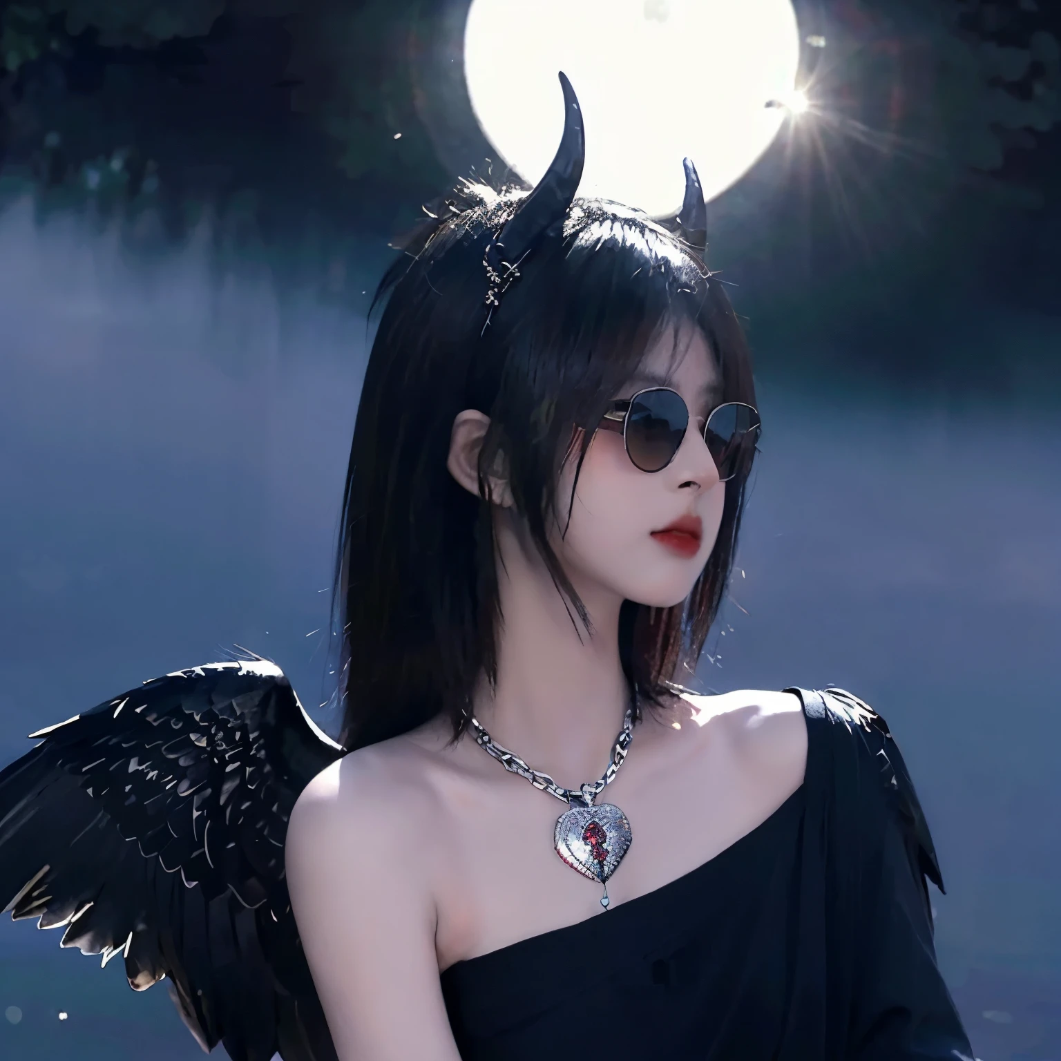 Sunglasses,satanic necklace,choker, black dress, showing tits, black veil, satanic earing,standing in the lake with moon in the sky, angel, wings, White wings, holy girl, horns, lucifer, sunglasses, eye glass, black eye glass
