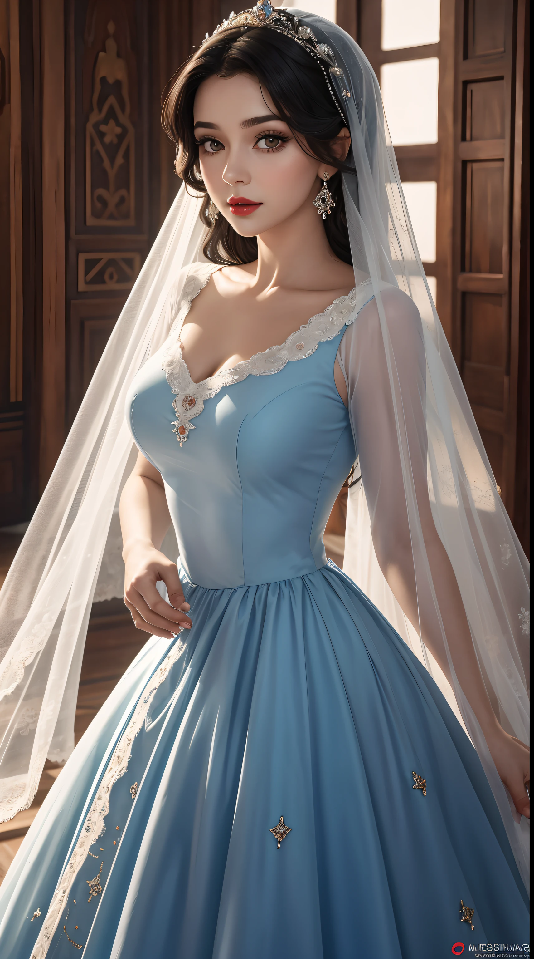 Liza Tukmisheva, 29 anos de idade,  como a Personagem da Disney Branca de Neve, Vestido Colonial nas cores azul e vermelho, medieval palace, look-at-camera, facial expression of tenderness, Curvilinear athletic body, pale skin, neve, montanhas, cabelos negros, cabelos escuros, cabelos pretos, red lips, olhar de ternura, look-at-camera, romantismo, Imperial Hall, cortinas, raios de luz penetrantes