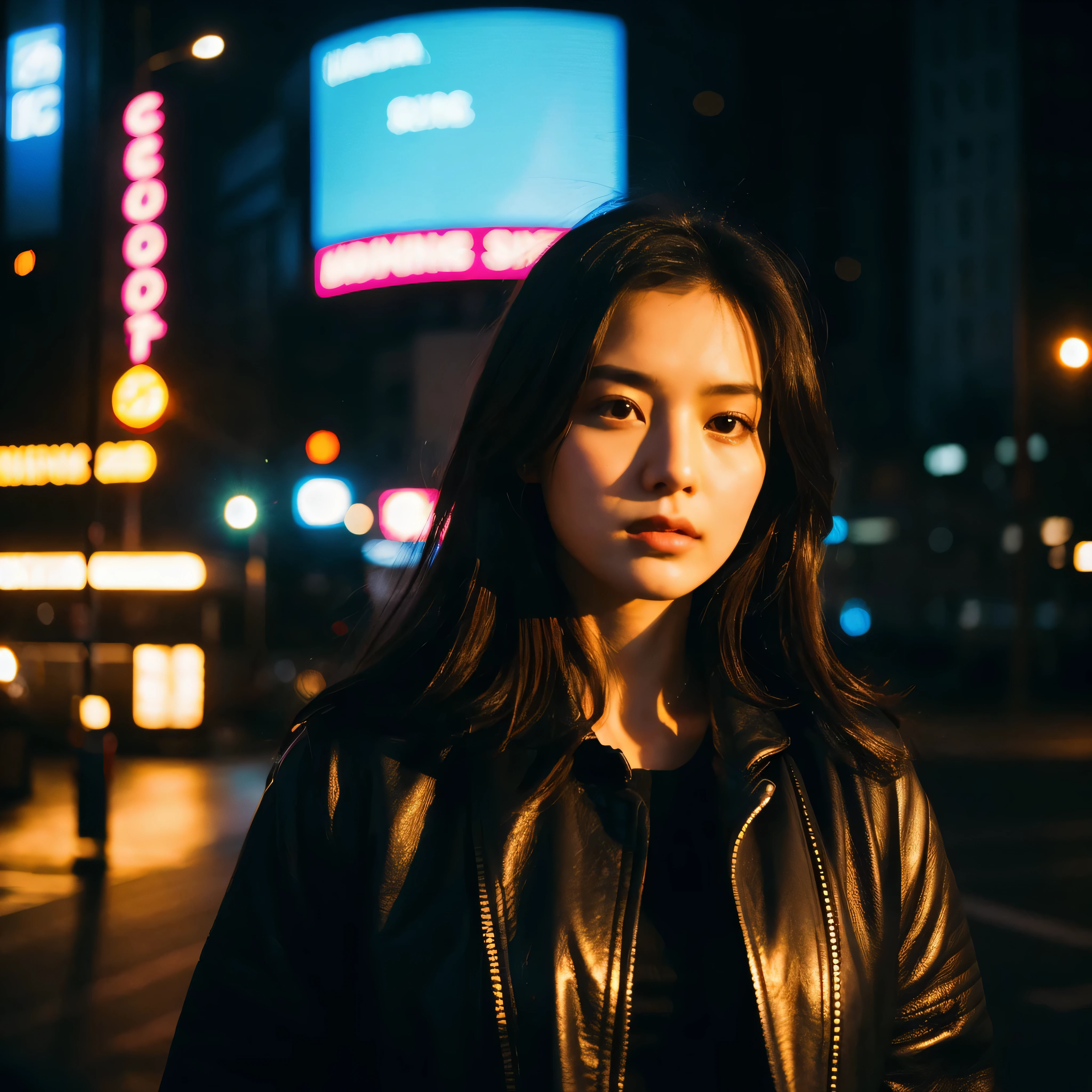 (Best Quality, Masterpiece, Ultra High Definition, High resolution, highly detailed, High Definition Face:1.5), 20-year-old woman, 1 beautiful woman, (full body photo:1.4), (beautiful woman leaning against the wall:1.5), (Beautiful woman wearing a leather jacket, smoking a cigarette, holding a cigarette in hand:1.3), (beautiful eyes, light in the eyes), eyes are in focus, white skin, Glossy, shiny skin, very Fair skin, (film photography style, photo with strong shadows, Background neon light, City of night, cyber punk:1.2), frown, violently fluttering hair, very long hair styles, Slim, (Big Breasts), 