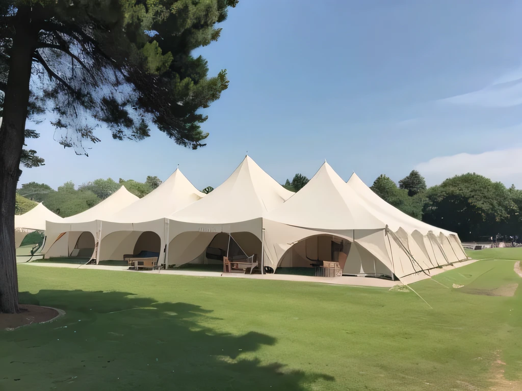 Draw a large outdoor tent hotel by the river，The tent is of high quality，Each tent is spaced apart，almost fifty、sixty，It looks spectacular from a distance，style。