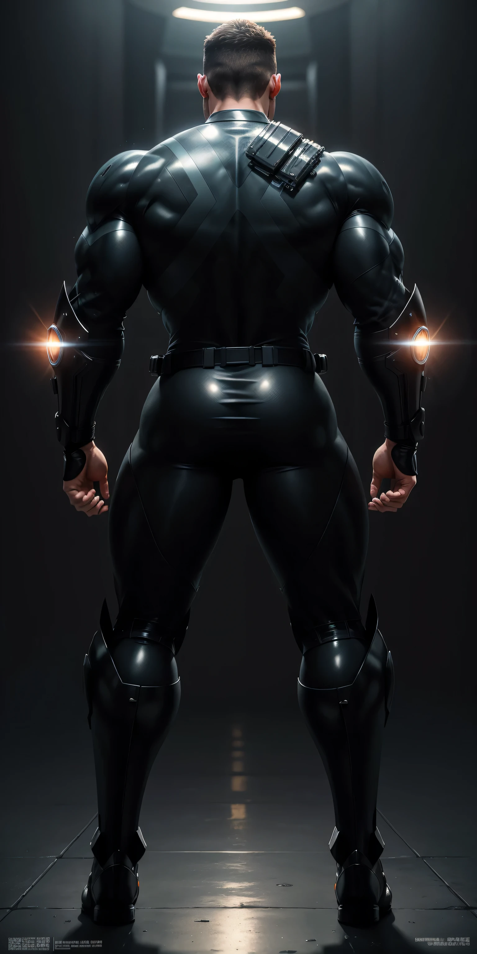 特别High背影, huge, and muscular police officer，Bright black mesh nano-mecha，The back is opened with colorful light effects surrounding huge mechanical wings.，round butt，Highlights，character concept（Resident Evil - chris redfield，chris redfield）senior police officer，small grid texture，regular symmetrical texture pattern，sad expression，Deep and charming eyes，Standing in bright mechanical laboratory，Emerald Eyes Hero，heroic male pose，高大burly，muscular！Charming leg muscles，High, burly, Heqiang，  Super gain and cool， high resolution committee， Big feet in shiny black ultra-thin nanomechanical boots，Charming strong man，The bright sunshine is shining on you，matte particles，shiny texture