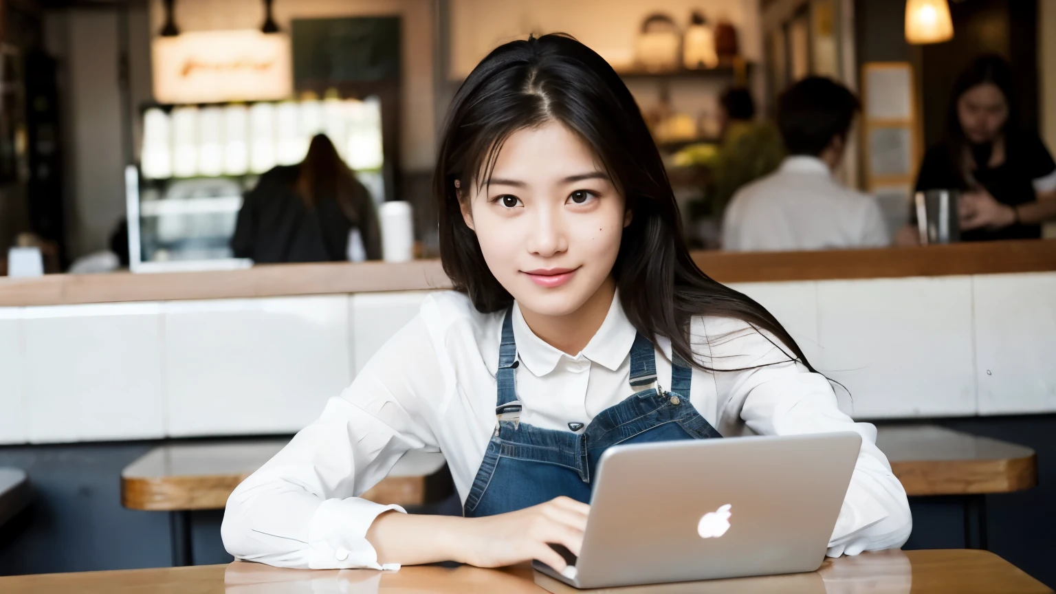 ((highest quality)), ((masterpiece)), (be familiar with), perfect face,Female college student teleworking at a cafe on the coast