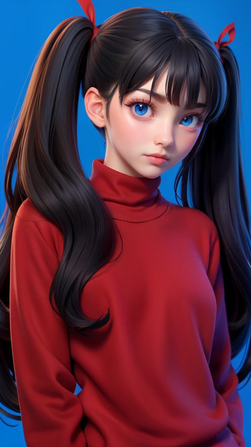 1girl, tohsaka rin, solo, long hair, sweater, red sweater, looking at viewer, blue background, black hair, simple background, two side up, turtleneck, blue eyes, lips, closed mouth, ribbon, hair ribbon, bangs, turtleneck sweater, upper body, parted bangs, black ribbon, ribbed sweater, twintails, nose,