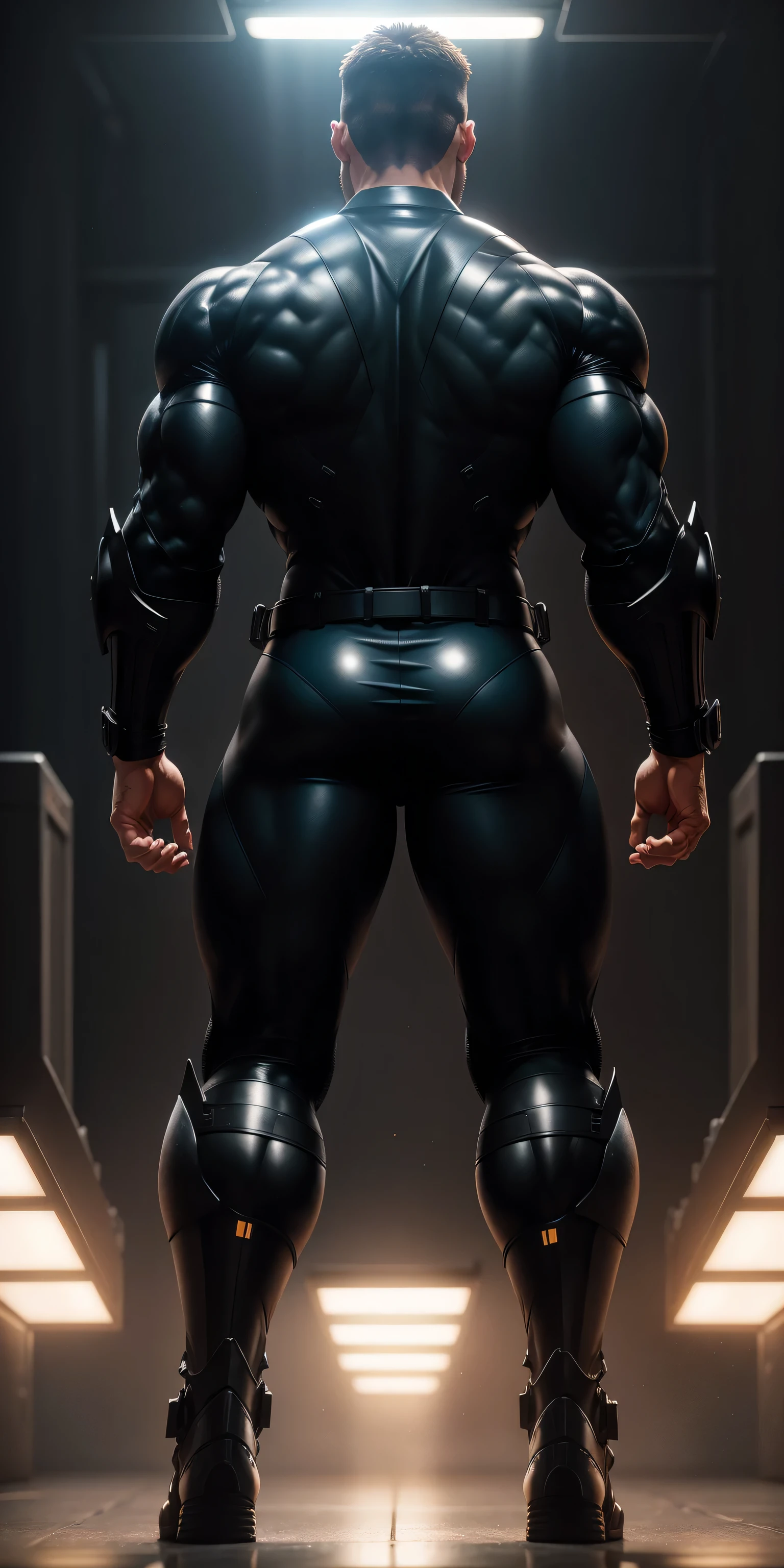 特别High背影, huge, and muscular police officer,Bright black mesh nano-mecha,The back is opened with colorful light effects surrounding huge mechanical wings.,round butt,Highlights,character concept(Resident Evil - chris redfield,chris redfield)senior police officer,small grid texture,regular symmetrical texture pattern,sad expression,Deep and charming eyes,Standing in bright mechanical laboratory,Emerald Eyes Hero,heroic male pose,高大burly,muscular!Charming leg muscles,High, burly, Heqiang, Super gain and cool, high resolution committee, Big feet in shiny black ultra-thin nanomechanical boots,Charming strong man,The bright sunshine is shining on you,matte particles,shiny texture