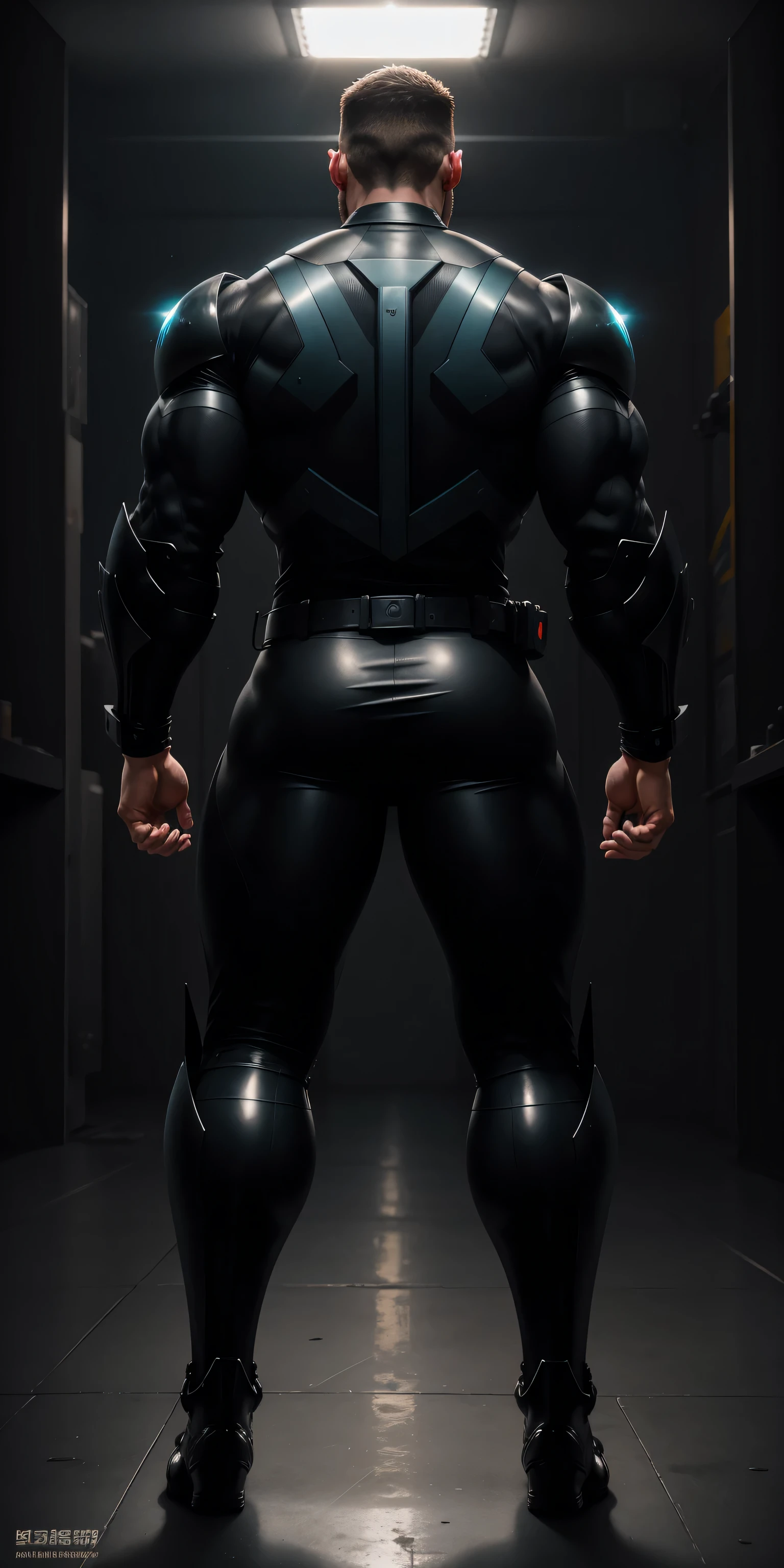 特别High背影, huge, and muscular police officer，Bright black mesh nano-mecha，The back is opened with colorful light effects surrounding huge mechanical wings.，round butt，Highlights，character concept（Resident Evil - chris redfield，chris redfield）senior police officer，small grid texture，regular symmetrical texture pattern，sad expression，Deep and charming eyes，Standing in bright mechanical laboratory，Emerald Eyes Hero，heroic male pose，高大burly，muscular！Charming leg muscles，High, burly, Heqiang，  Super gain and cool， high resolution committee， Big feet in shiny black ultra-thin nanomechanical boots，Charming strong man，The bright sunshine is shining on you，matte particles，shiny texture