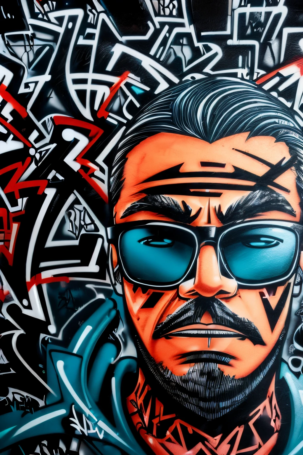 (Graffiti Comics:1.5)，Image of urban graffiti wall，grafity, Face of man with black glasses, de jaqueta azul, imagem completa, High resolution high contrast