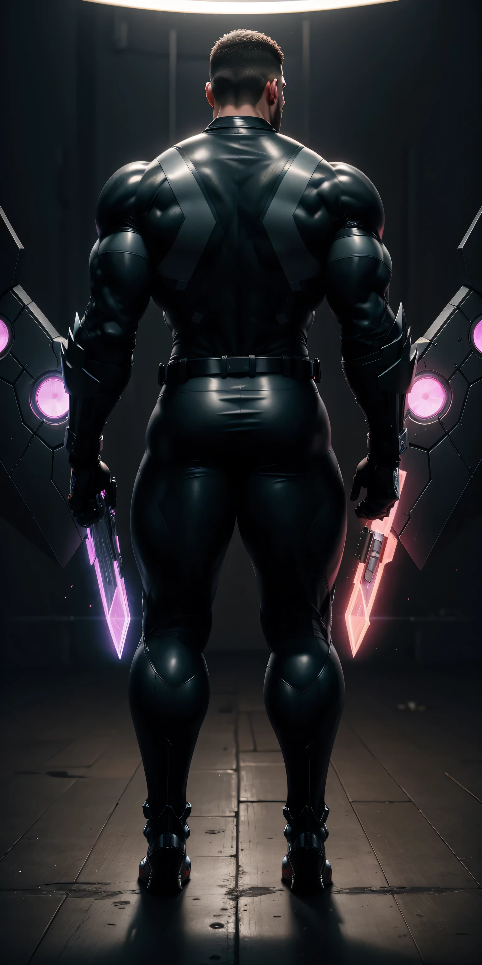 特别High背影, huge, and muscular police officer,Bright black mesh nano-mecha,The back is opened with colorful light effects surrounding huge mechanical wings.,round butt,Highlights,character concept(Resident Evil - chris redfield,chris redfield)senior police officer,small grid texture,regular symmetrical texture pattern,sad expression,Deep and charming eyes,Standing in bright mechanical laboratory,Emerald Eyes Hero,heroic male pose,高大burly,muscular!Charming leg muscles,High, burly, Heqiang, Super gain and cool, high resolution committee, Big feet in shiny black ultra-thin nanomechanical boots,Charming strong man,The bright sunshine is shining on you,matte particles,shiny texture