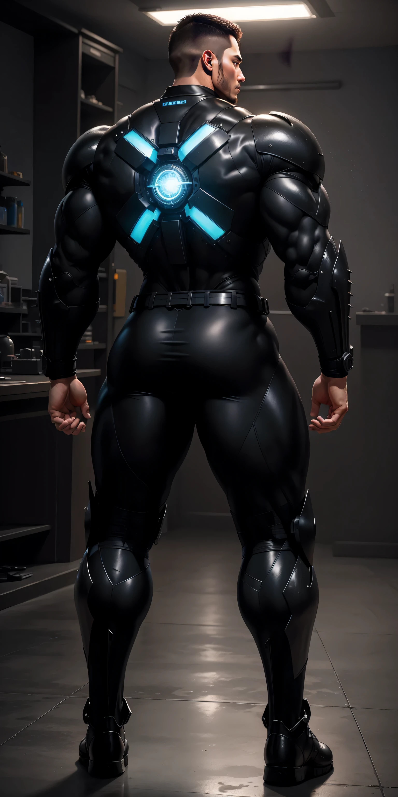 特别High背影, huge, and muscular police officer，Bright black mesh nano-mecha，The back is opened with colorful light effects surrounding huge mechanical wings.，round butt，Highlights，character concept（Resident Evil - chris redfield，chris redfield）senior police officer，small grid texture，regular symmetrical texture pattern，sad expression，Deep and charming eyes，Standing in bright mechanical laboratory，Emerald Eyes Hero，heroic male pose，高大burly，muscular！Charming leg muscles，High, burly, Heqiang，  Super gain and cool， high resolution committee， Big feet in shiny black ultra-thin nanomechanical boots，Charming strong man，The bright sunshine is shining on you，matte particles，shiny texture