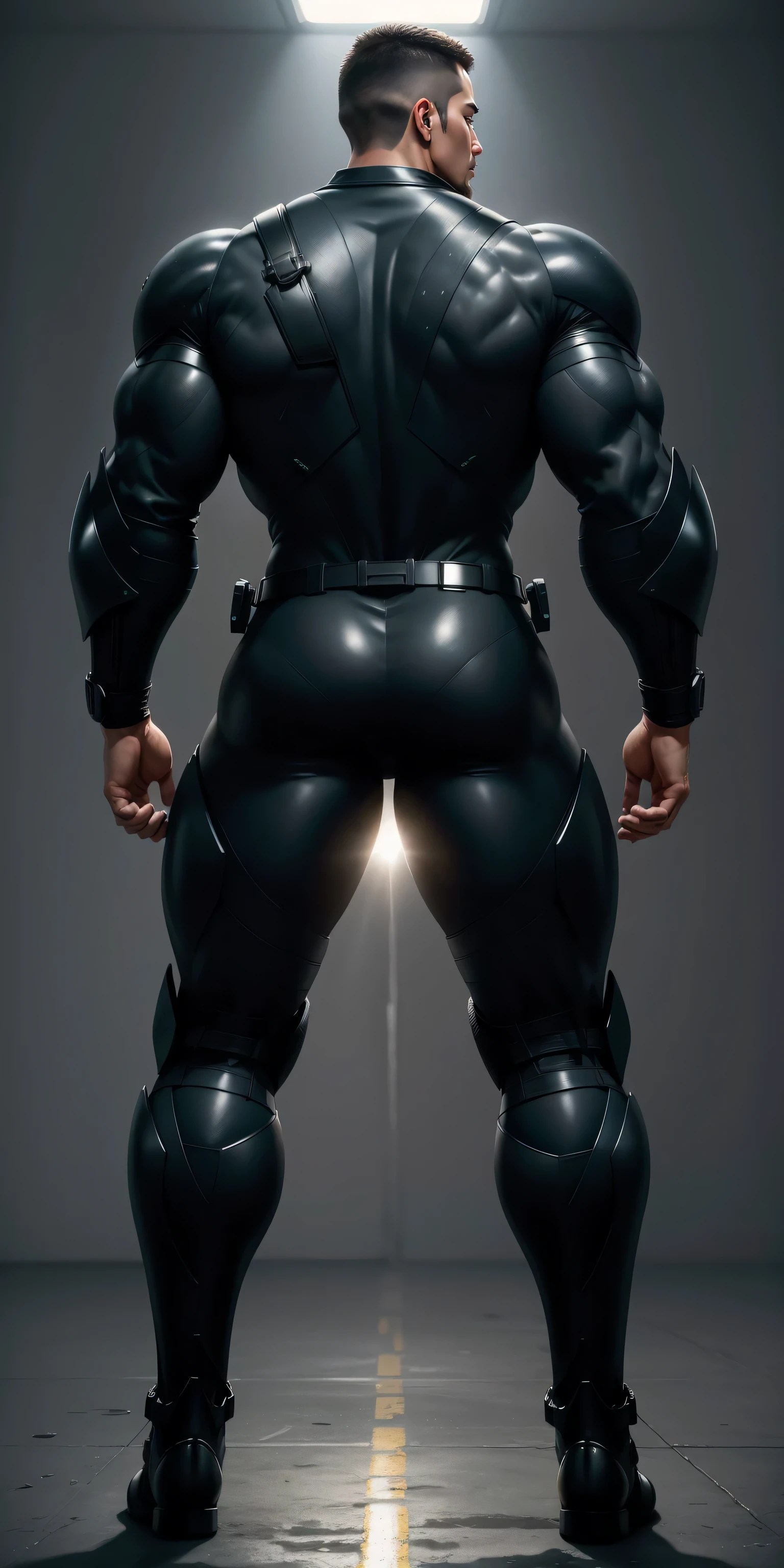 特别High背影, huge, and muscular police officer,Bright black mesh nano-mecha,The back is opened with colorful light effects surrounding huge mechanical wings.,round butt,Highlights,character concept(Resident Evil - chris redfield,chris redfield)senior police officer,small grid texture,regular symmetrical texture pattern,sad expression,Deep and charming eyes,Standing in bright mechanical laboratory,Emerald Eyes Hero,heroic male pose,高大burly,muscular!Charming leg muscles,High, burly, Heqiang, Super gain and cool, high resolution committee, Big feet in shiny black ultra-thin nanomechanical boots,Charming strong man,The bright sunshine is shining on you,matte particles,shiny texture