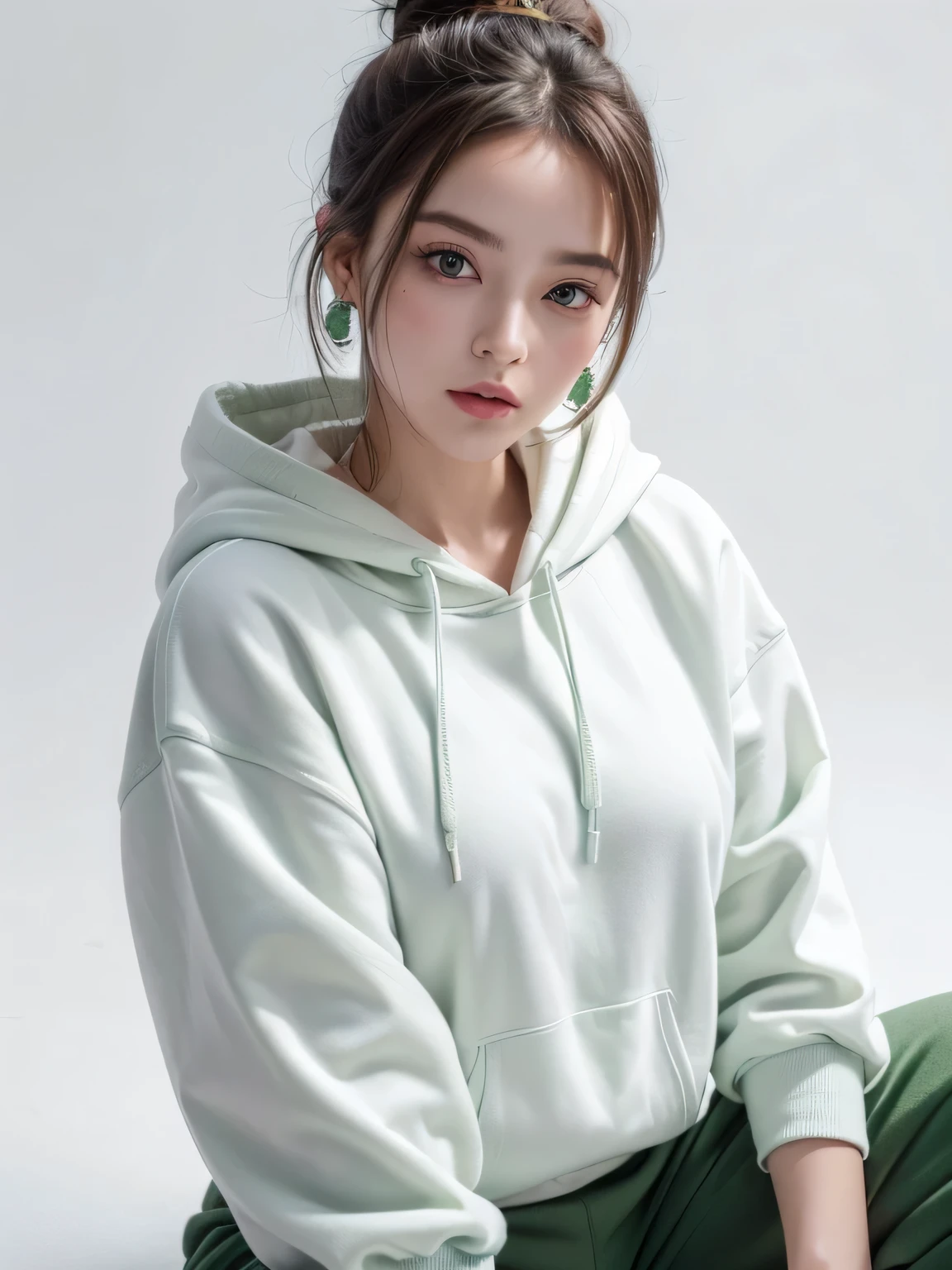 (8k, highest quality, High resolution, RAW photo, masterpiece :1.3), beautiful adult woman, Long contour, ((pure white background)), (Green hoodie, wide pants), (bun hair), ((Accurately express details such as faces and skin textures)), take a pose, earrings