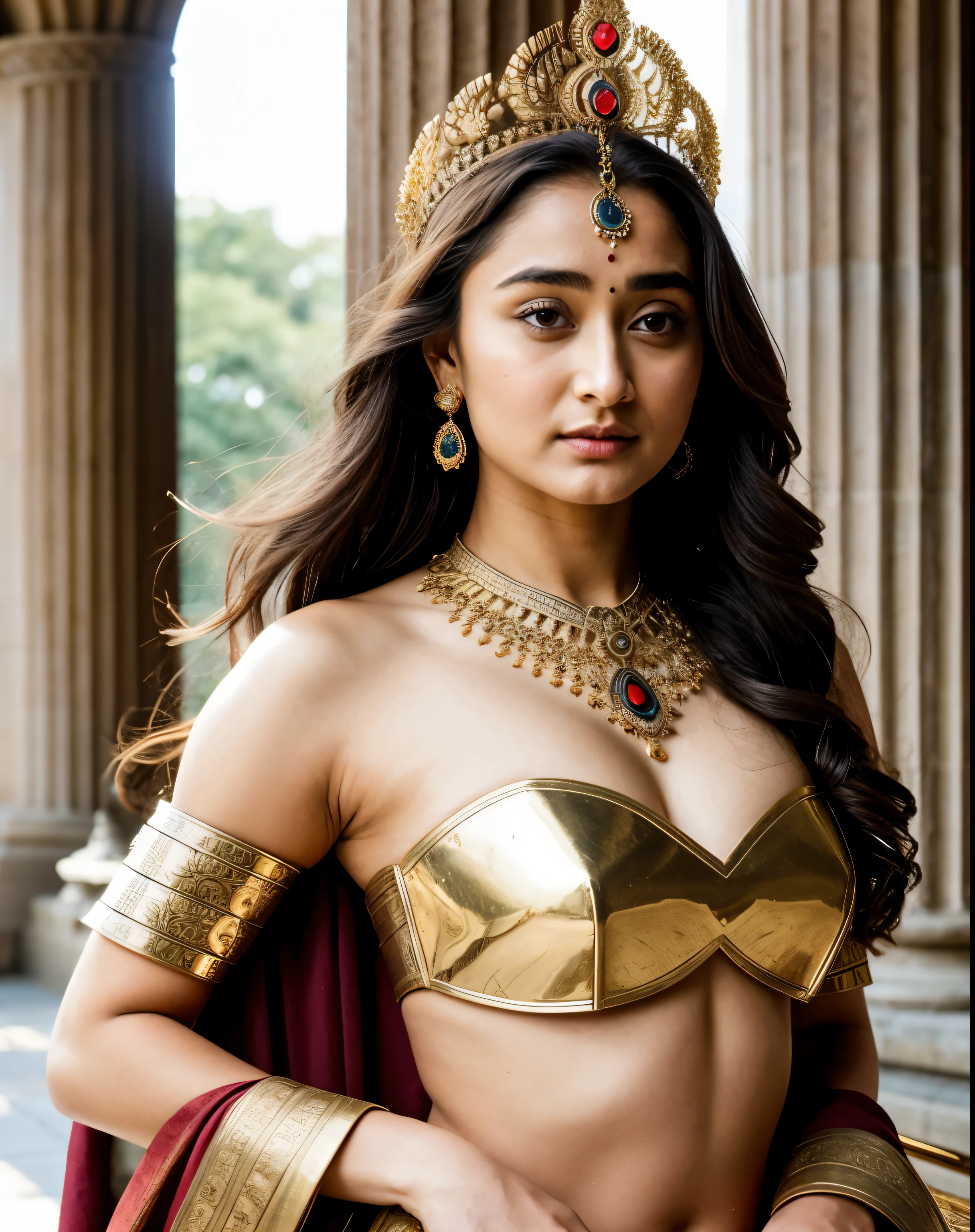 Looks Like Actress Tridha Chaudhary , "Design an illustration of a stunning and powerful warrior queen with a regal presence. Provocative figure, She should possess a combination of strength and grace. Imagine her in ornate, yet practical armor that complements her figure. The armor should be adorned with intricate details and symbols representing her royal lineage and warrior prowess. Her weapon of choice could be a unique and elegant sword or a mythical weapon that reflects her status as a formidable leader.

Her facial features should exude confidence and determination, with piercing eyes that convey both fierceness and wisdom. The queen's hair, whether long or short, should flow dynamically, hinting at her movement in battle. Consider incorporating elements that emphasize her connection to nature or a mythical realm, such as ethereal backgrounds, symbolic animals, or mystical symbols.

Pay attention to the color palette; use rich, bold colors that enhance her royal aura. Experiment with lighting to highlight specific details and create a sense of drama. Ensure that her posture and expression capture the essence of a queen who commands respect and admiration. Feel free to draw inspiration from historical warrior queens or fictional characters, blending elements to create a unique and captivating image.", intricate, flawless, skin texture, skin pores, hairy armpits, 