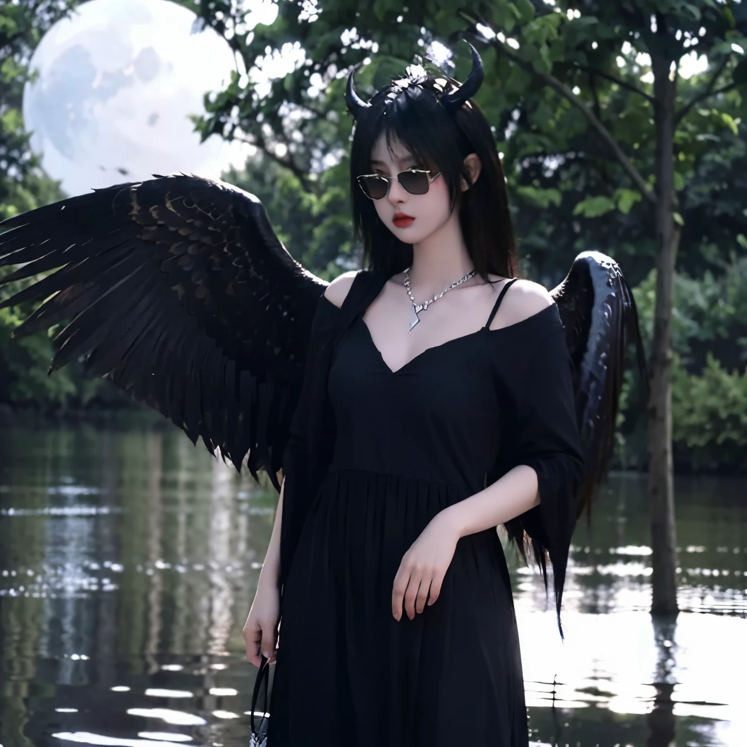 Sunglasses,satanic necklace,choker, black dress, showing tits, black veil, satanic earing,standing in the lake with moon in the sky, angel, wings, White wings, holy girl, horns, lucifer, sunglasses, eye glass, black eye glass, lingerie