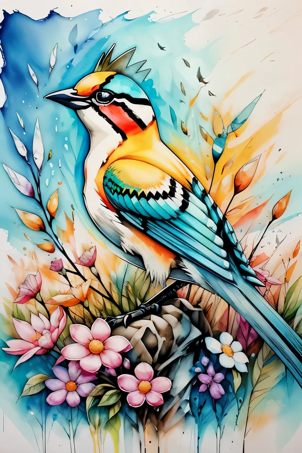 Graffiti Comics,(The bird:1.5), sunraise, flower field, Alcohol ink and impala mixed painting, blasts,yang08k,big breasts beautiful,Colorful,tmasterpiece,top-quality,best qualityer,offcial art,Beautiful and beautiful,