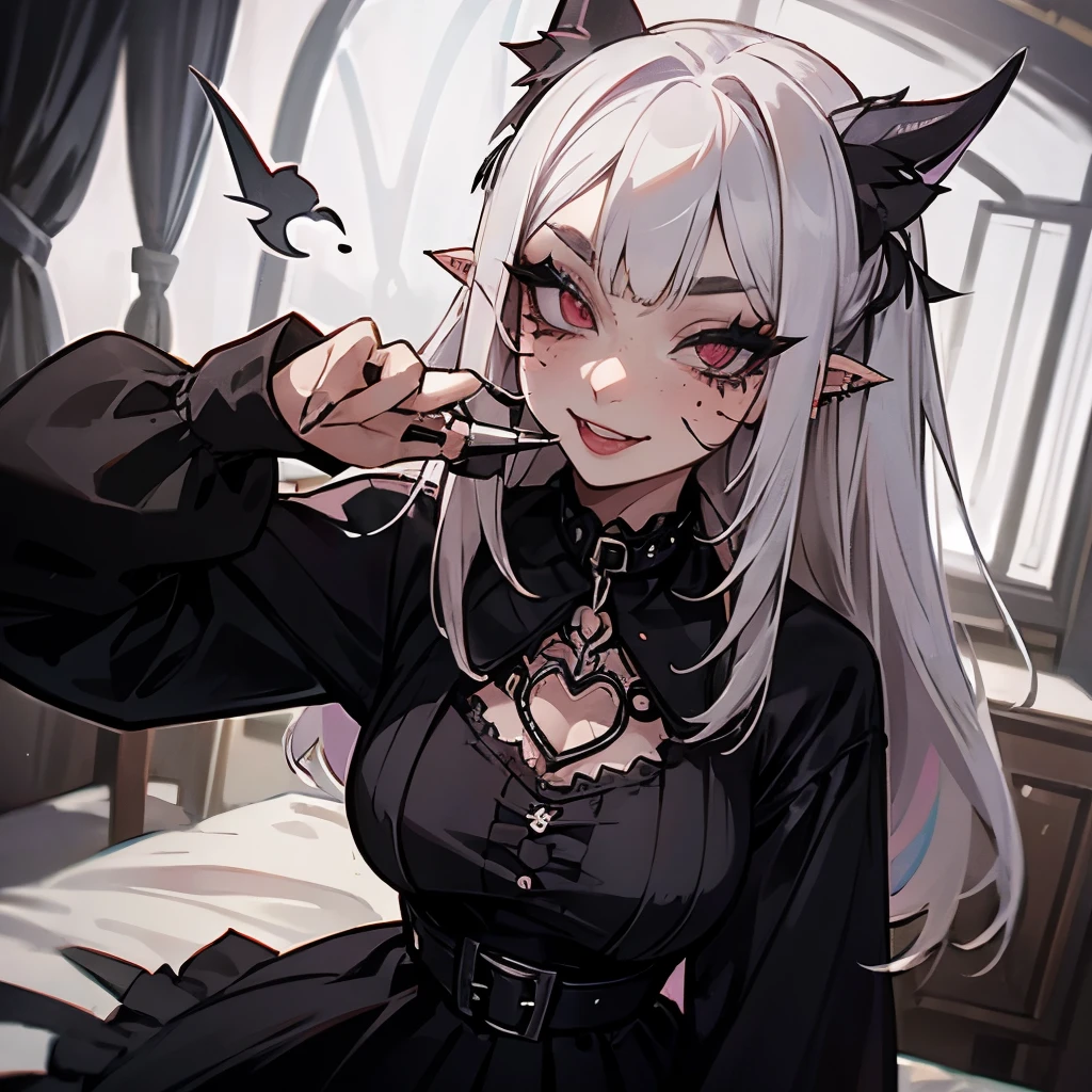 1girl, egirl, white hair, straight hair, freckles, devil horns, gothic dress, dog collar, eyeliner, mascara, eye shadow, smoky eyes, nose ring, smile, teeth, bedroom, egirl_face, septum piercing