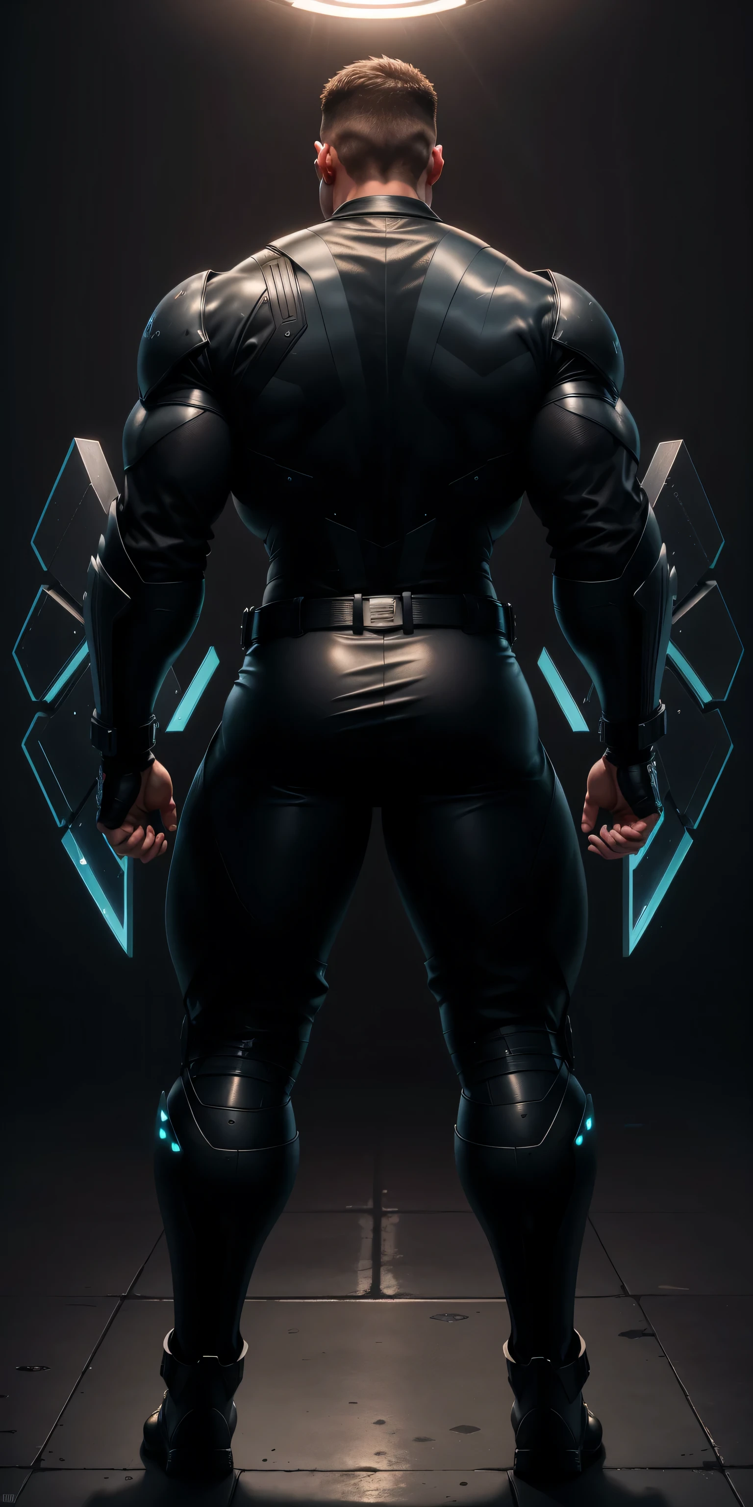 特别High背影, huge, and muscular police officer，Bright black mesh nano-mecha，Super huge aurora mechanical wings unfold on the back，round butt，Highlights，character concept（Resident Evil - chris redfield，chris redfield）senior police officer，small grid texture，regular symmetrical texture pattern，sad expression，Deep and charming eyes，Standing in bright mechanical laboratory，Emerald Eyes Hero，heroic male pose，高大burly，muscular！Charming leg muscles，High, burly, Heqiang， Super gain and cool， high resolution committee， Big feet in shiny black ultra-thin nanomechanical boots，Charming strong man，The bright sunshine is shining on you，matte particles，shiny texture