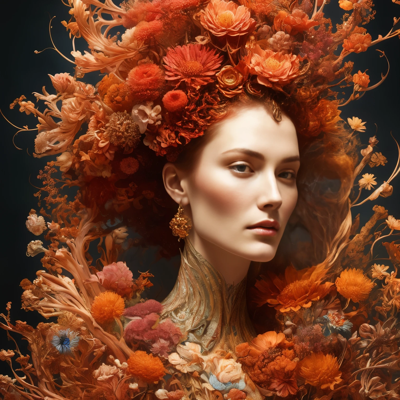 An ultra hd detailed painting of many different types of flowers by android jones, earnst haeckel, james jean. behance contest winner, generative art, baroque, intricate patterns, fractalism, movie still, photorealistic,Portrait of a beautiful woman surrounded by fire, portrait of beautiful young maiden, warhammer, some red water, the middle ages, highly detailed, artstation, illustration, sylvari portrait, 8 k quality, art by partick woodroof