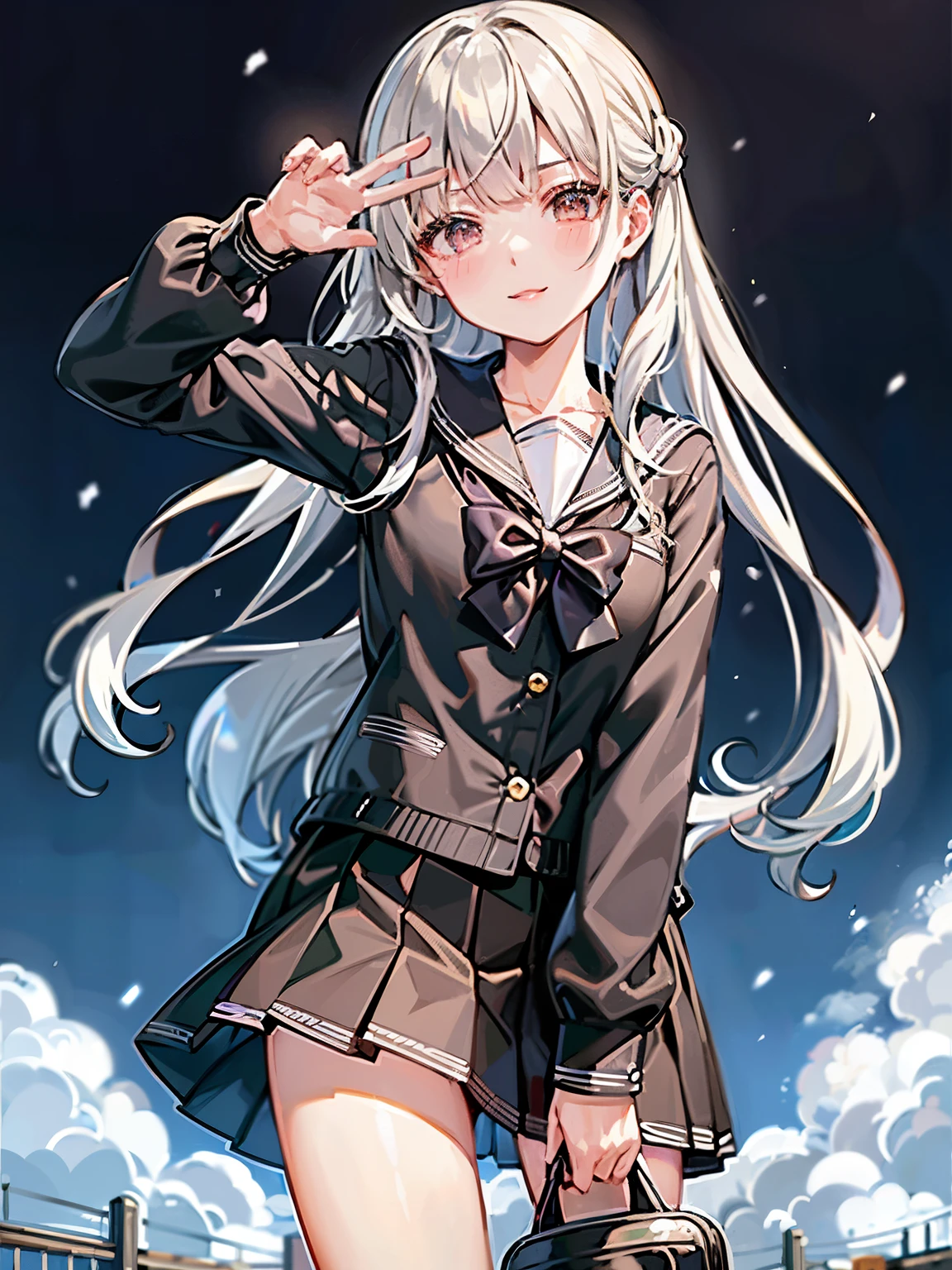 highest quality, ultra high resolution, 1 girl, long sleeve sailor suit, black skirt, wearing a cardigan over top, cute, (K-POPアイドル), (charming monkey:1), (platinum blonde hair:1), looking at the viewer, whole body, facing the front, peace, winking, It's snowing in the background