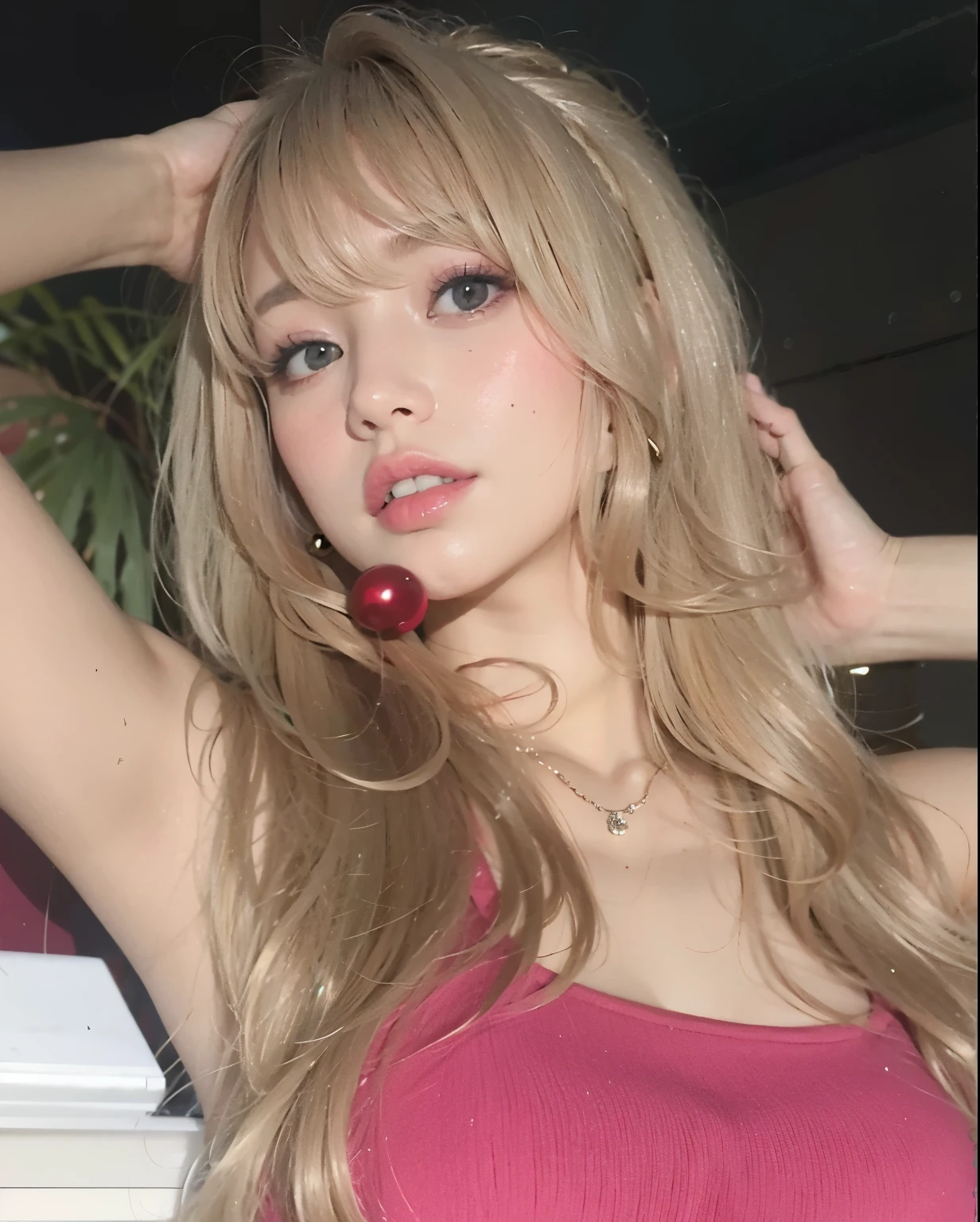 mujer rubia con una cereza en la boca posando para una foto, Lalisa Manobal, Lalisa Manoban de Blackpink, Lo lamento, parque roseanne de blackpink, shikami, con flequillo, misa amane *, con flequillo completo, ava max, con pelo largo y rubio, misa amane, bella delfina, junko enoshima