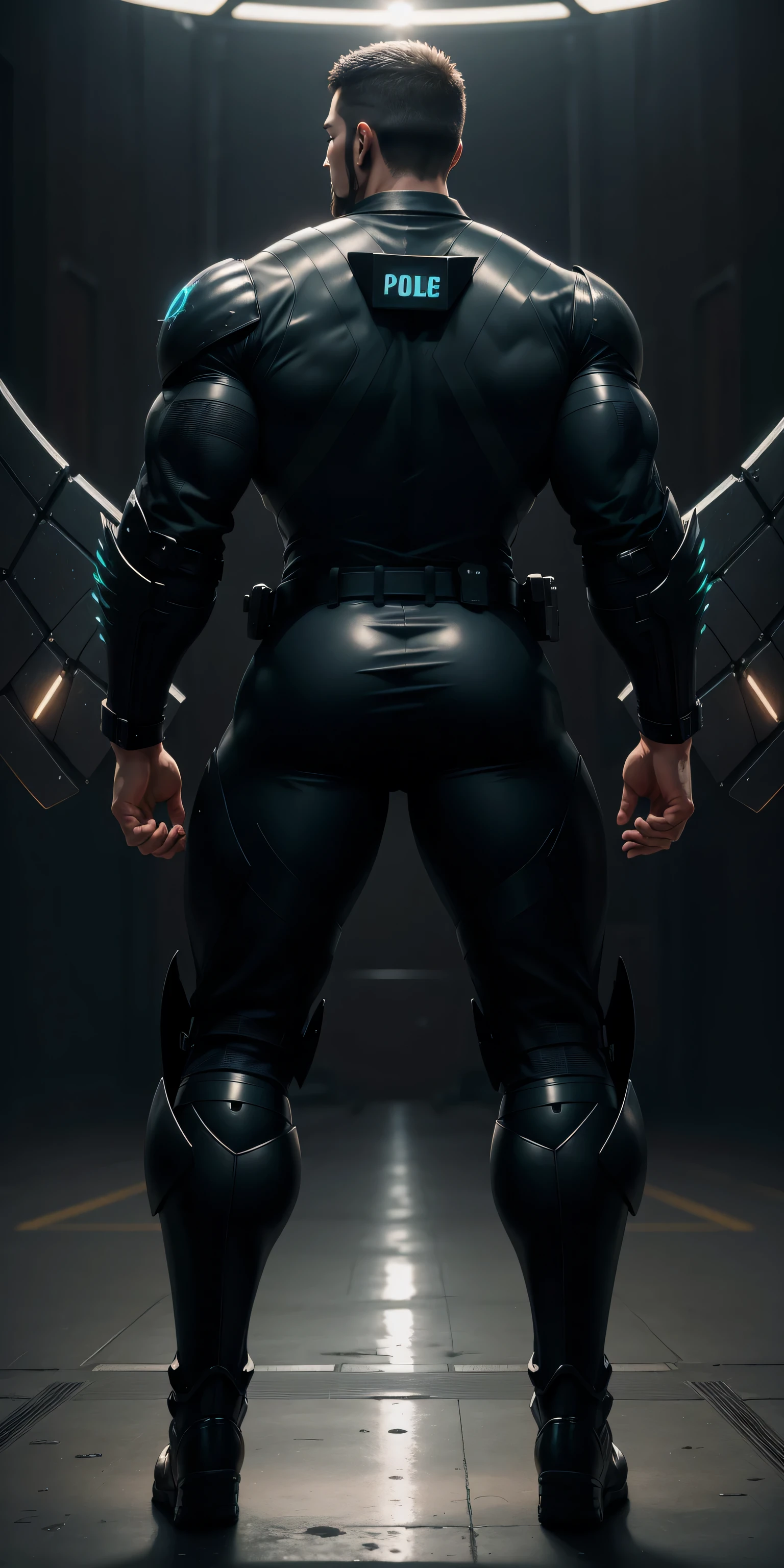 特别High背影, huge, and muscular police officer，Bright black mesh nano-mecha，Super huge aurora mechanical wings unfold on the back，round butt，Highlights，character concept（Resident Evil - chris redfield，chris redfield）senior police officer，small grid texture，regular symmetrical texture pattern，sad expression，Deep and charming eyes，Standing in bright mechanical laboratory，Emerald Eyes Hero，heroic male pose，高大burly，muscular！Charming leg muscles，High, burly, Heqiang， Super gain and cool， high resolution committee， Big feet in shiny black ultra-thin nanomechanical boots，Charming strong man，The bright sunshine is shining on you，matte particles，shiny texture