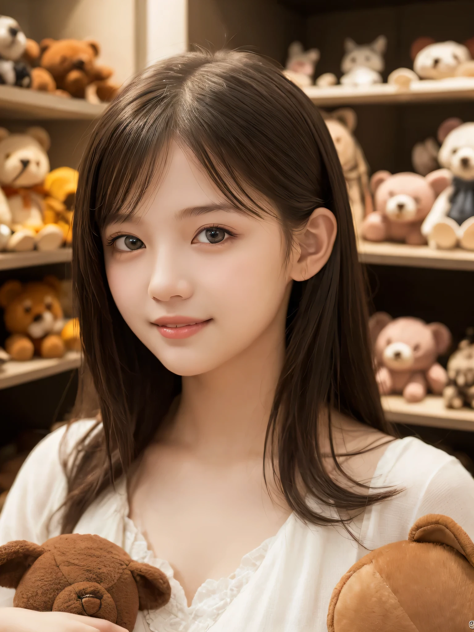 (best quality), (ultra-detailed), (llustration), (detailed light), (an extremely delicate and beautiful), 1ung girl, long hair, brown eyes, (smile slightly, Innocent and cute expression), model, Enchanting, Sublime, Ethereal, fantastic, extremely detailed CG unified 8k wallpaper, High-definition raw color photos, professional photography, indoors, (Stuffed toy shop, surrounded by lots of stuffed animals), (Bokeh), depth of fields,