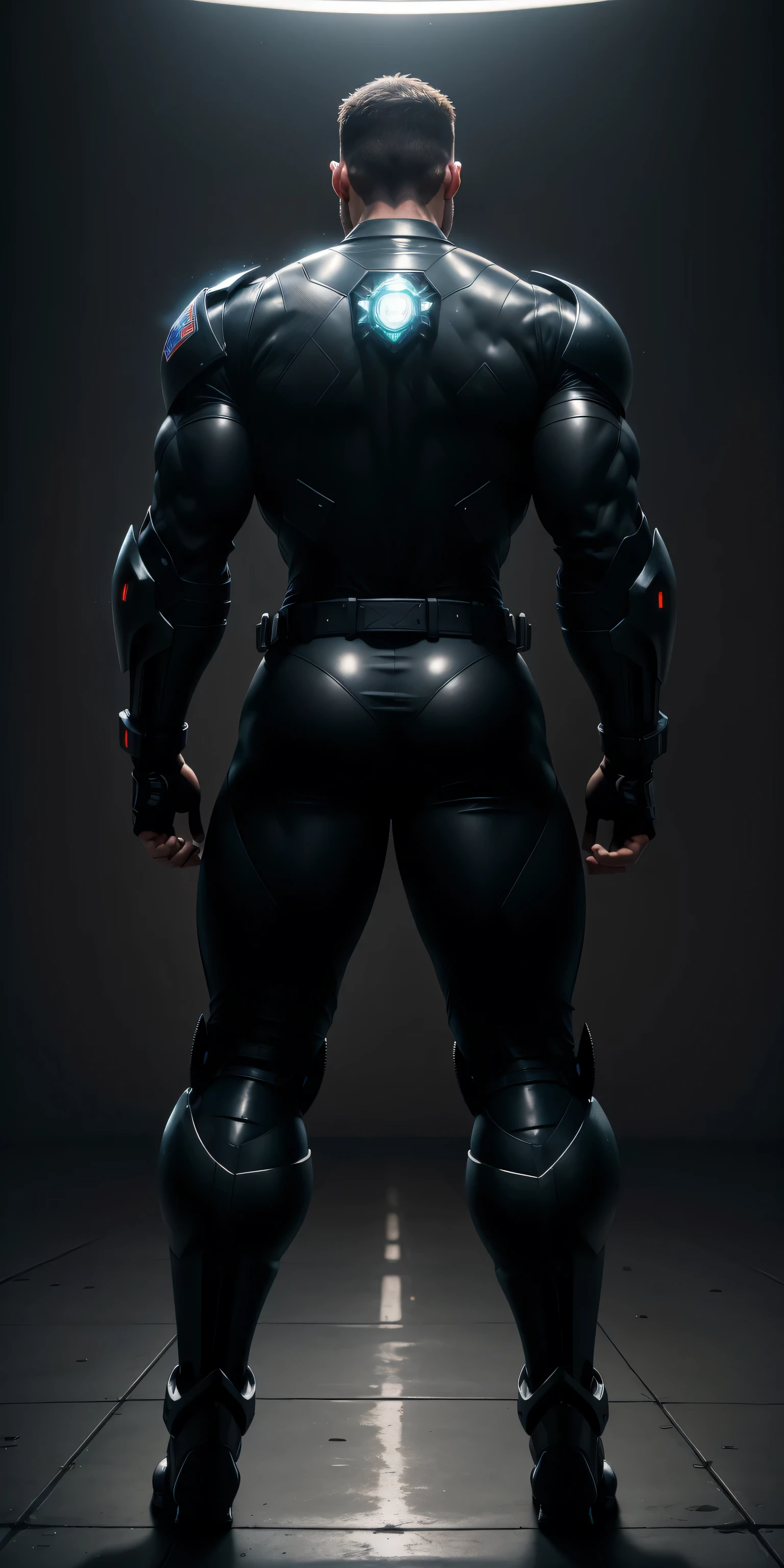 特别High背影, huge, and muscular police officer，Bright black mesh nano-mecha，Super huge aurora mechanical wings unfold on the back，round butt，Highlights，character concept（Resident Evil - chris redfield，chris redfield）senior police officer，small grid texture，regular symmetrical texture pattern，sad expression，Deep and charming eyes，Standing in bright mechanical laboratory，Emerald Eyes Hero，heroic male pose，高大burly，muscular！Charming leg muscles，High, burly, Heqiang， Super gain and cool， high resolution committee， Big feet in shiny black ultra-thin nanomechanical boots，Charming strong man，The bright sunshine is shining on you，matte particles，shiny texture