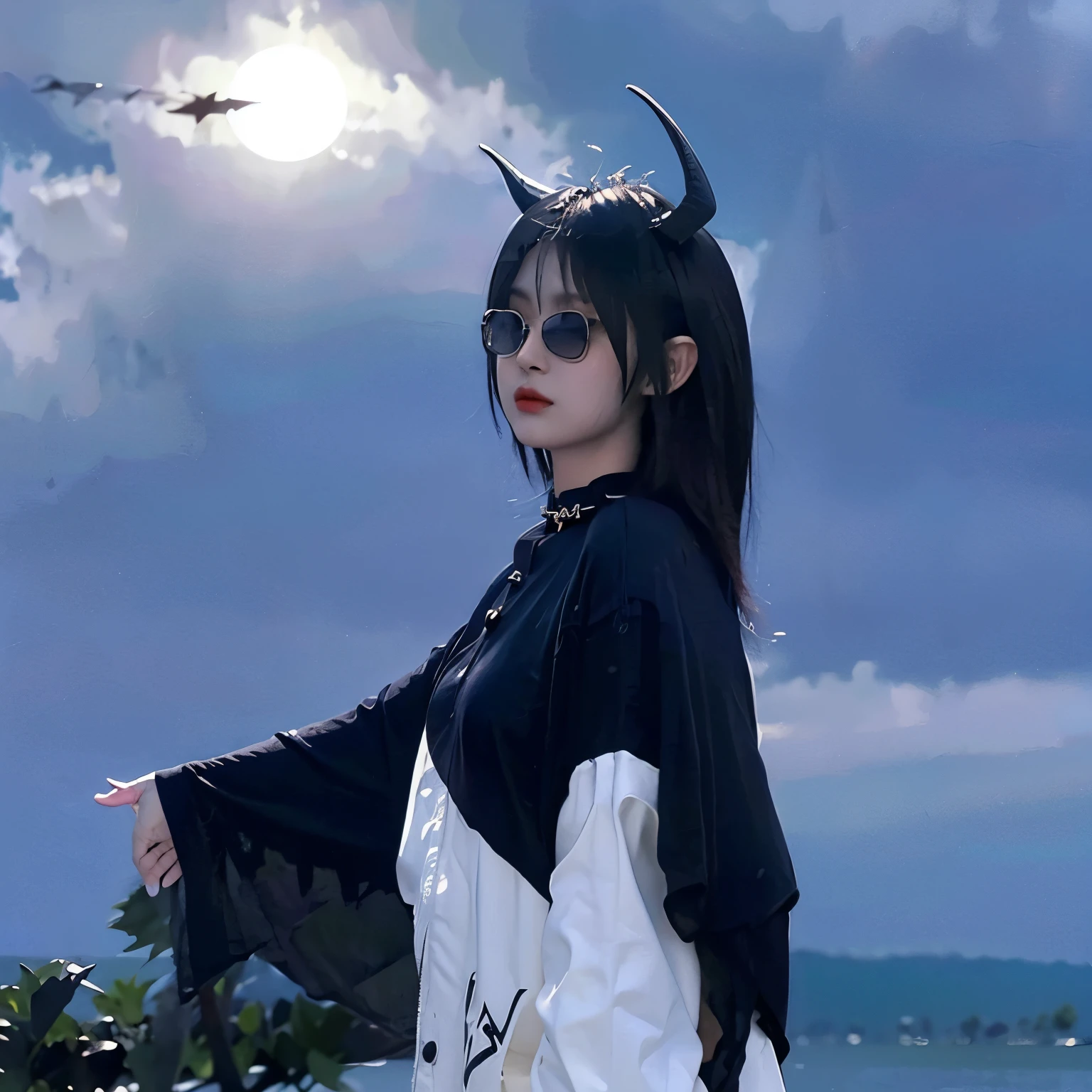 Sunglasses,satanic necklace,choker, black dress, showing tits, black veil, satanic earing,standing in the lake with moon in the sky, angel, wings, White wings, holy girl, horns, lucifer, sunglasses, eye glass, black eye glass, lingerie
